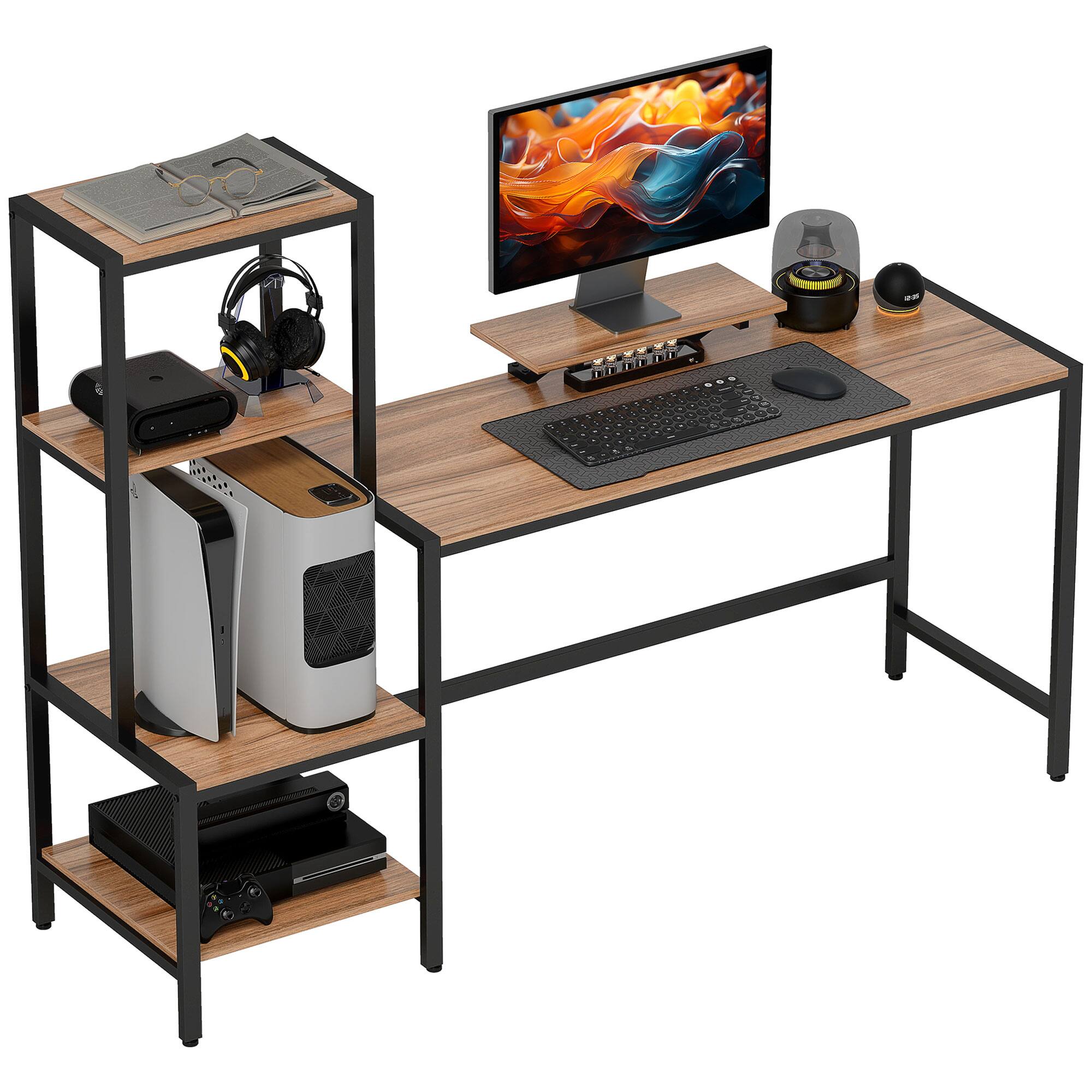 Front. Homcom - 67" Gaming Desk, Reversible Computer Desk with Monitor Stand and 4-Tier Storage Shelves - Brown.
