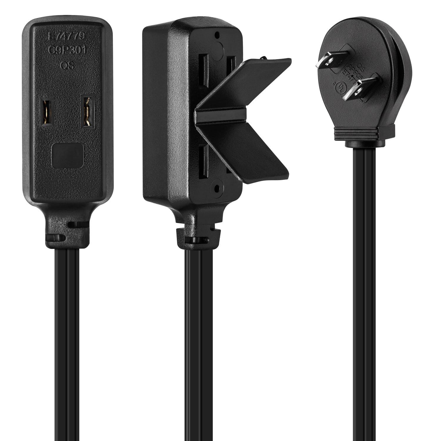 Maximm - 2 ft Flat Plug Extension Cord/Wire, Multi Outlet - Angled Plug Extension Cord with Safety Water Proof Cover - Black