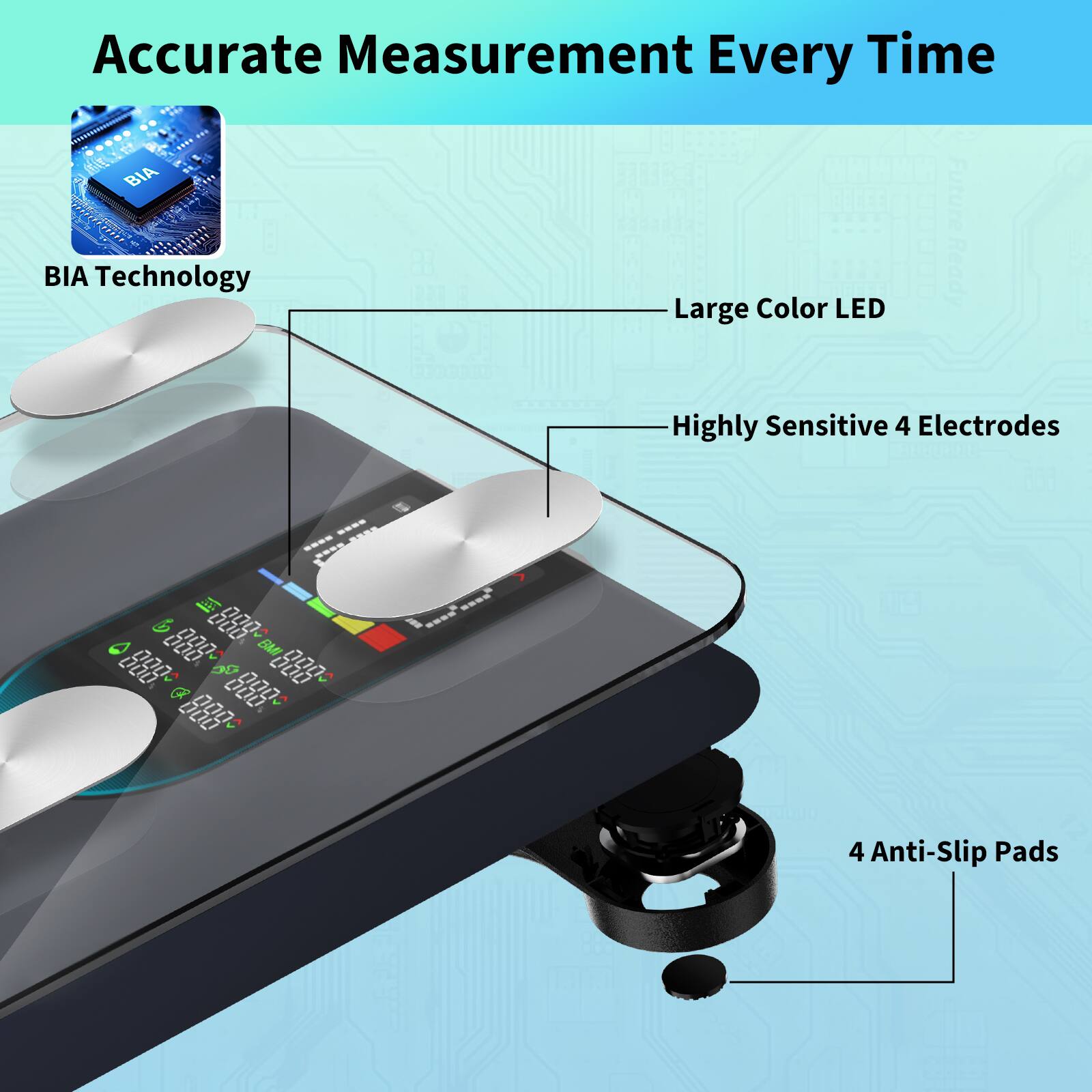 Accurate Measurement Every Time

- BIA Technology
- Large Color LED
- Highly Sensitive 4 Electrodes
- 4 Anti-Slip Pads