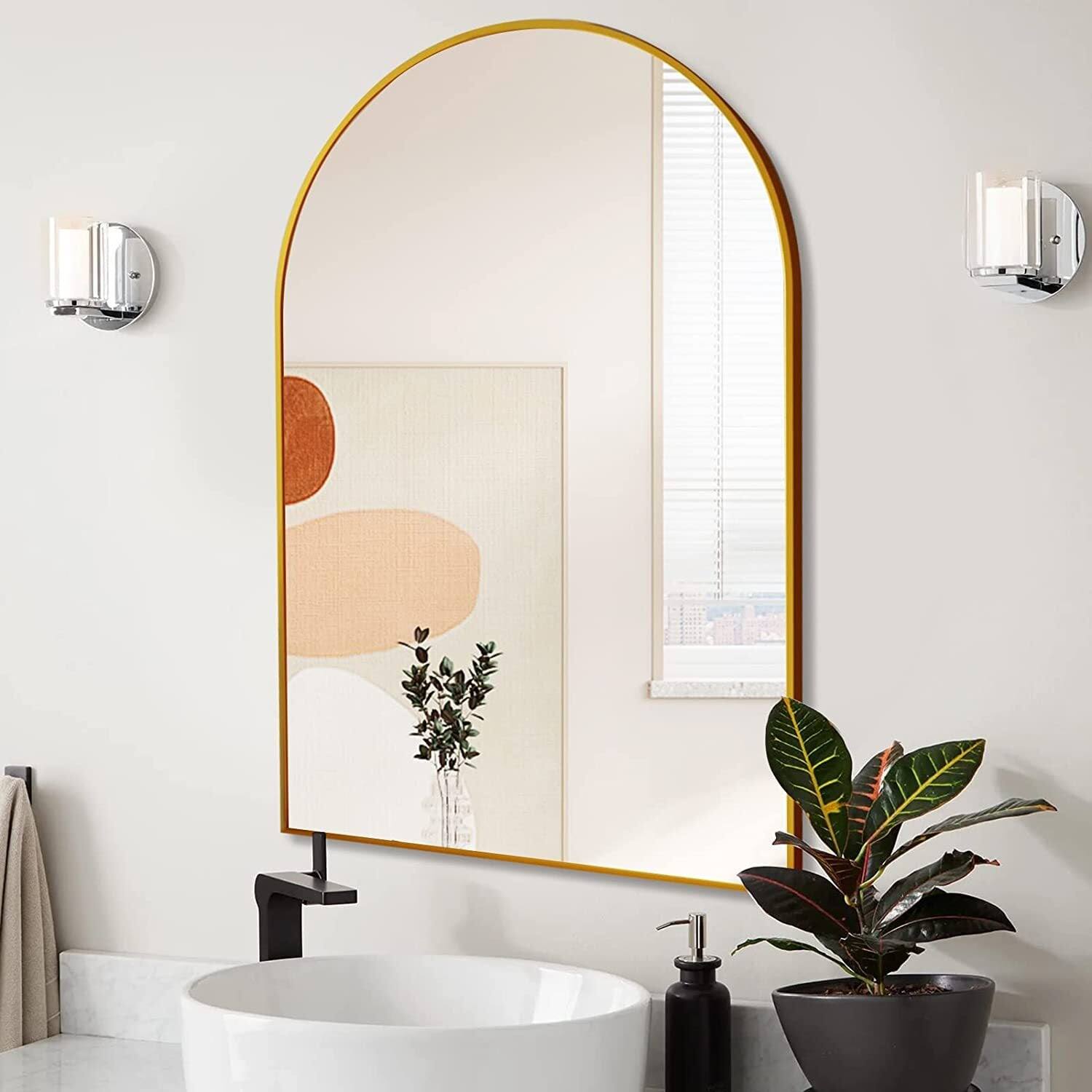 Left. BreeBe - 20x30 Inch Gold Metal Framed Arched Bathrrom Mirror for Wall. - Gold.