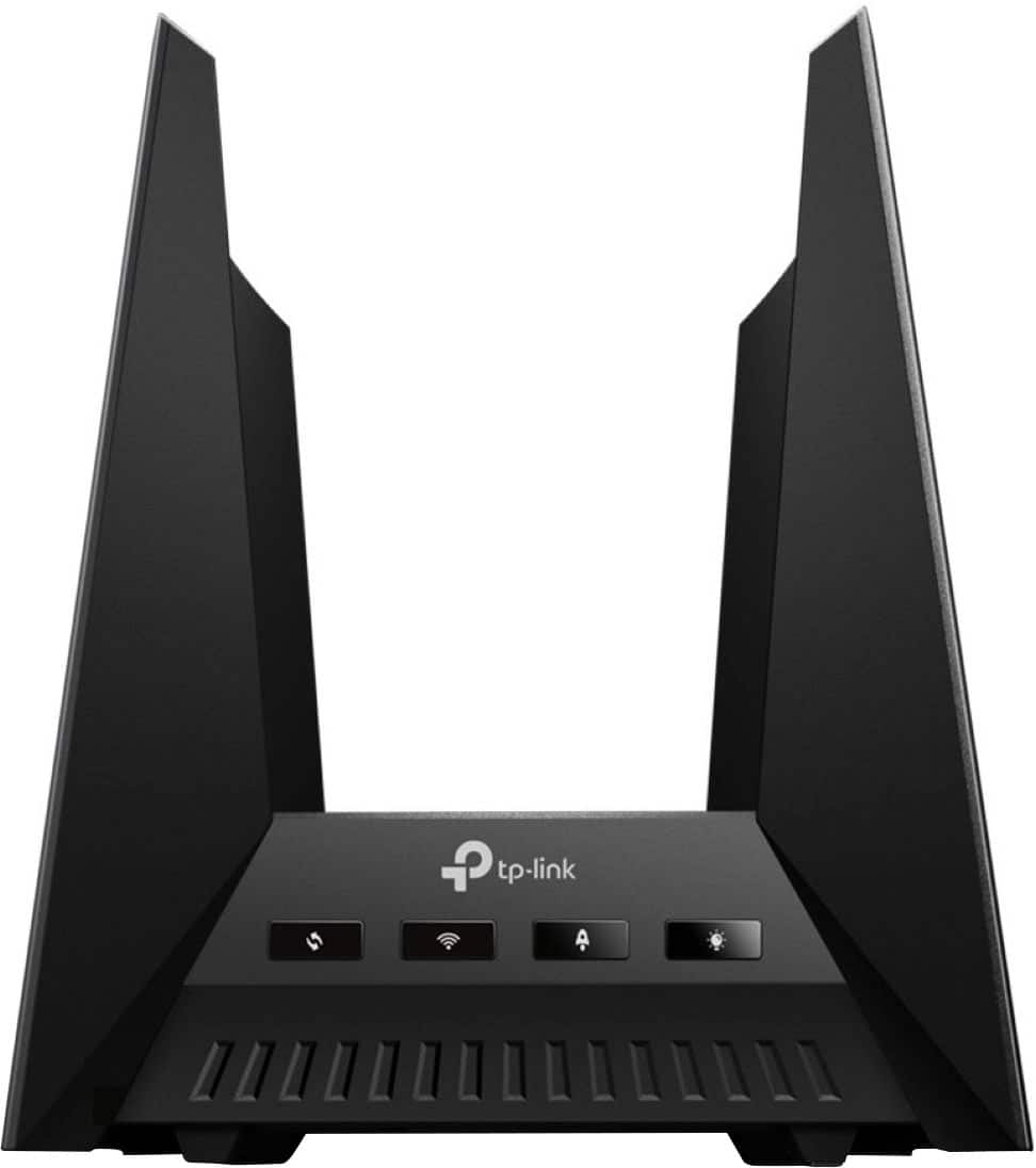 Left. TP-Link - BE19000 Tri-Band Wi-Fi 7 Gaming Router - Black/Red.