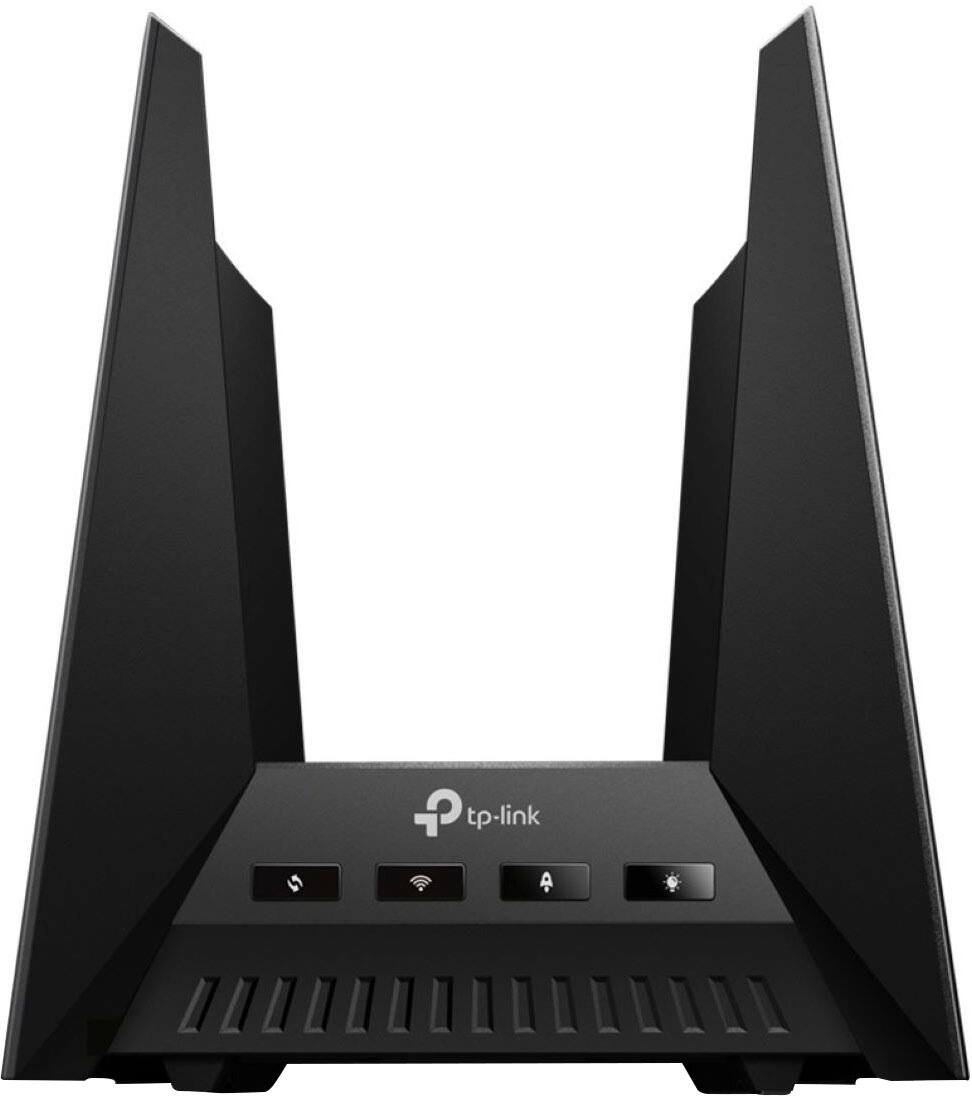 Left. TP-Link - BE19000 Tri-Band Wi-Fi 7 Gaming Router - Black/Red.