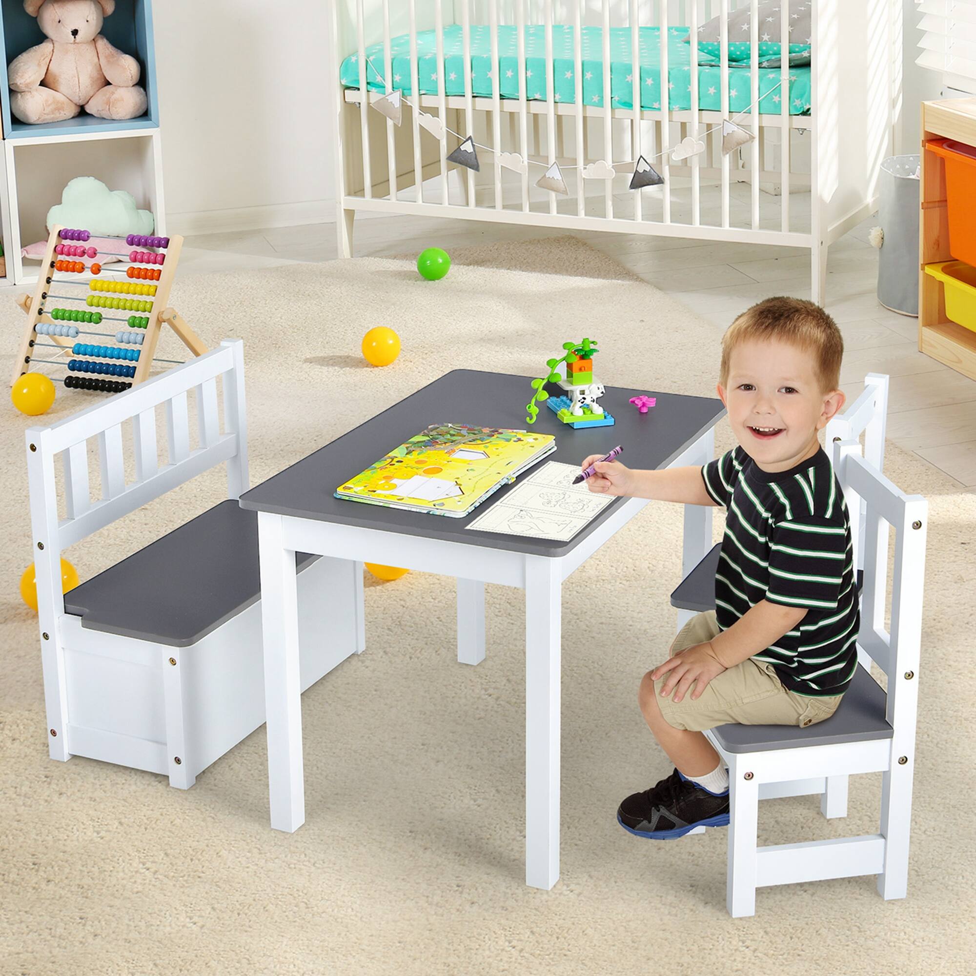 Alt View 3. Costway - Costway 4 PCS Kids Wooden Activity Table & Chairs Set with Storage Bench Study Desk - Grey,White.