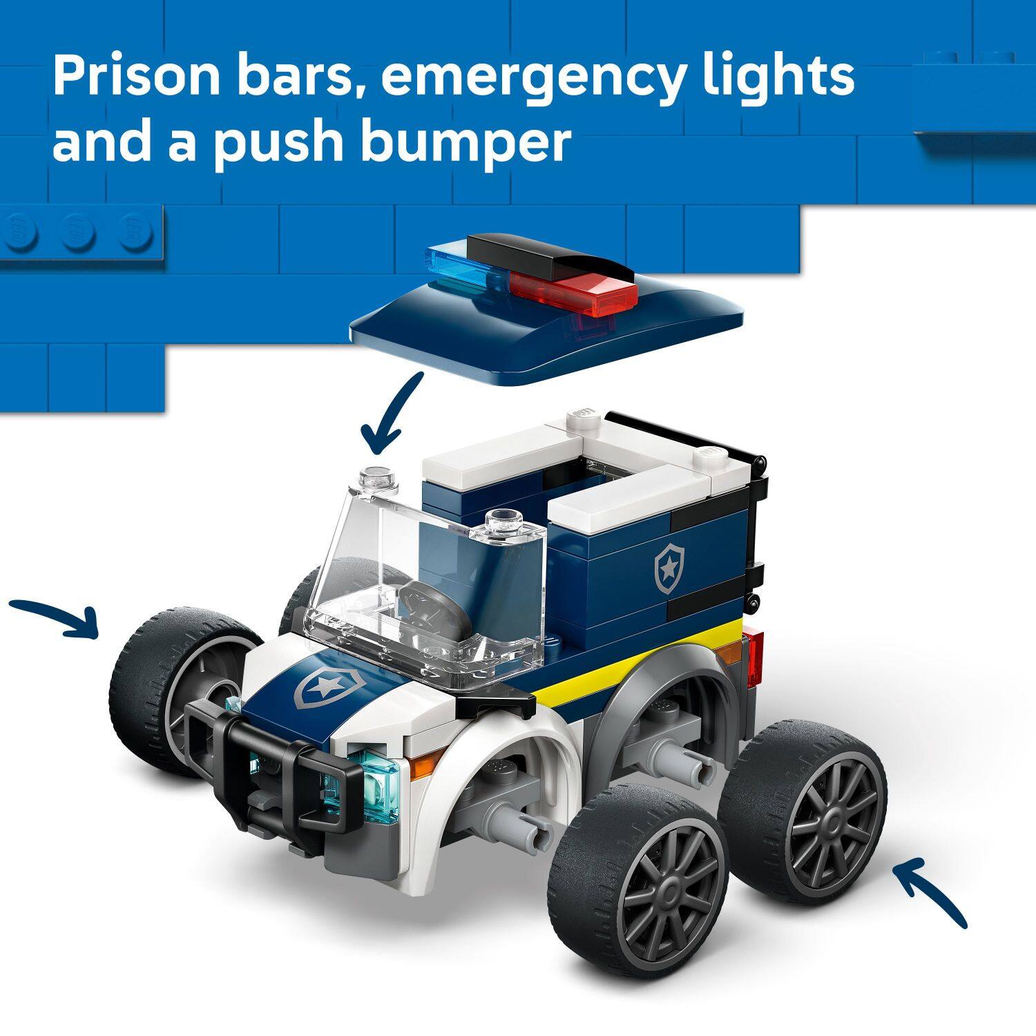 Prison bars, emergency lights and a push bumper