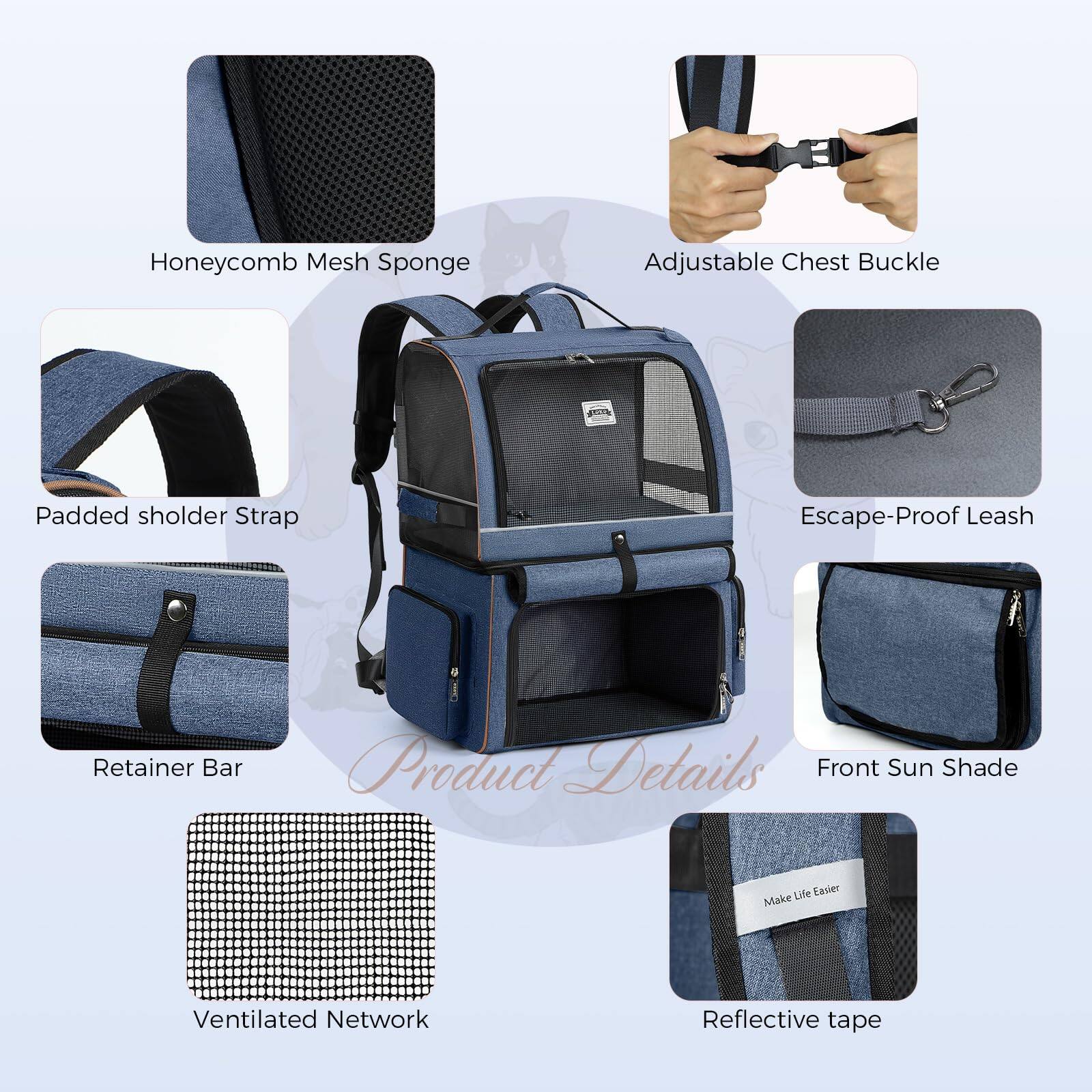 Product Details

- Honeycomb Mesh Sponge
- Adjustable Chest Buckle
- Padded Shoulder Strap
- Escape-Proof Leash
- Retainer Bar
- Ventilated Network
- Front Sun Shade
- Reflective Tape

Make Life Easier