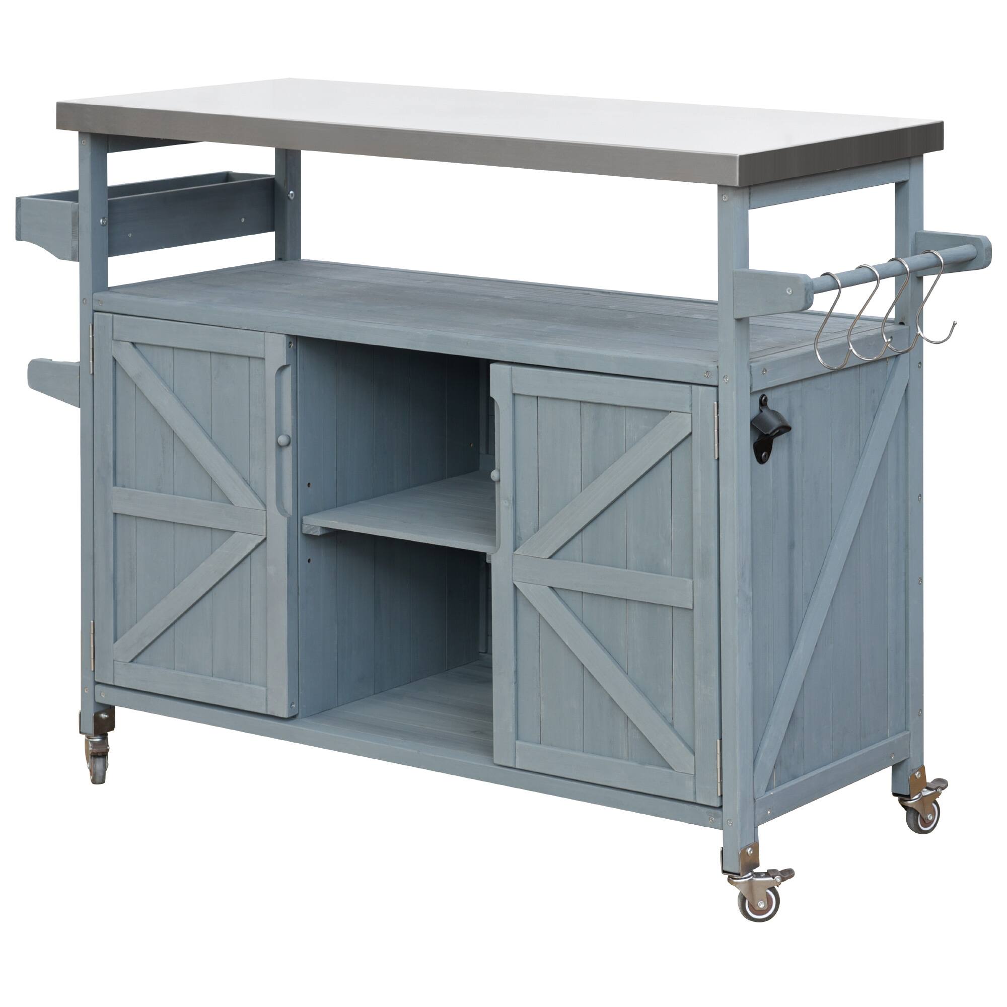 Left. PexFix - Solid Wood Outdoor Kitchen Island with Stainless Top, Rolling BBQ Grill Cart with Storage, Spice & Towel Rack for Patio - Gray Blue.