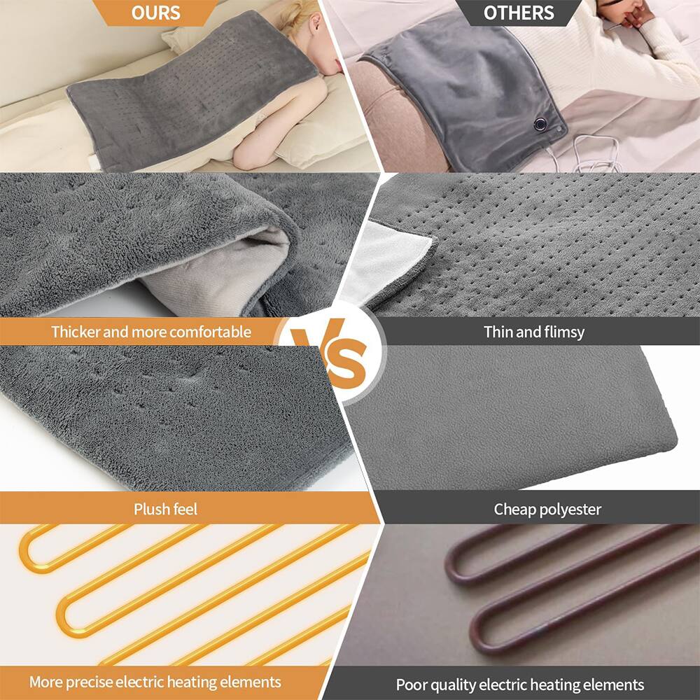 **OURS**

- Thicker and more comfortable
- Plush feel
- More precise electric heating elements

**OTHERS**

- Thin and flimsy
- Cheap polyester
- Poor quality electric heating elements