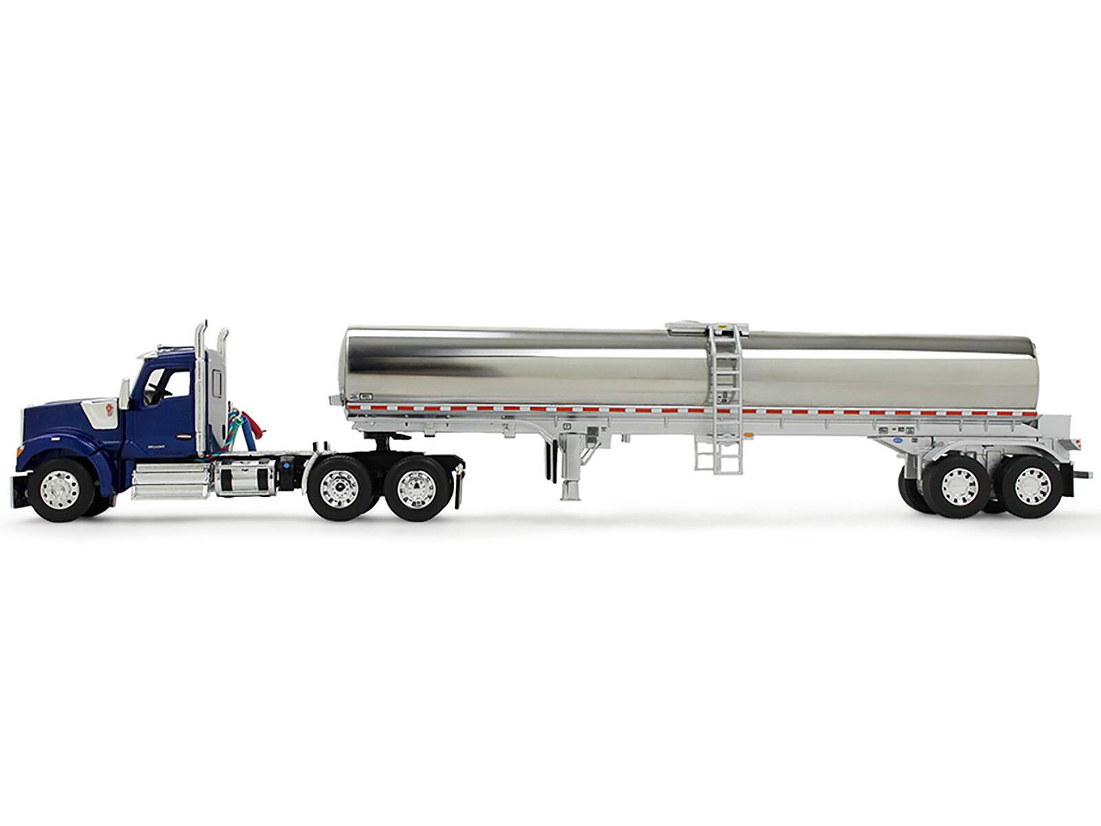 Angle. First Gear - Kenworth W990 Day Cab with Walker Food Grade Tank Trailer Viper Blue 1/64 Diecast Model by DCP/First Gear - Blue.
