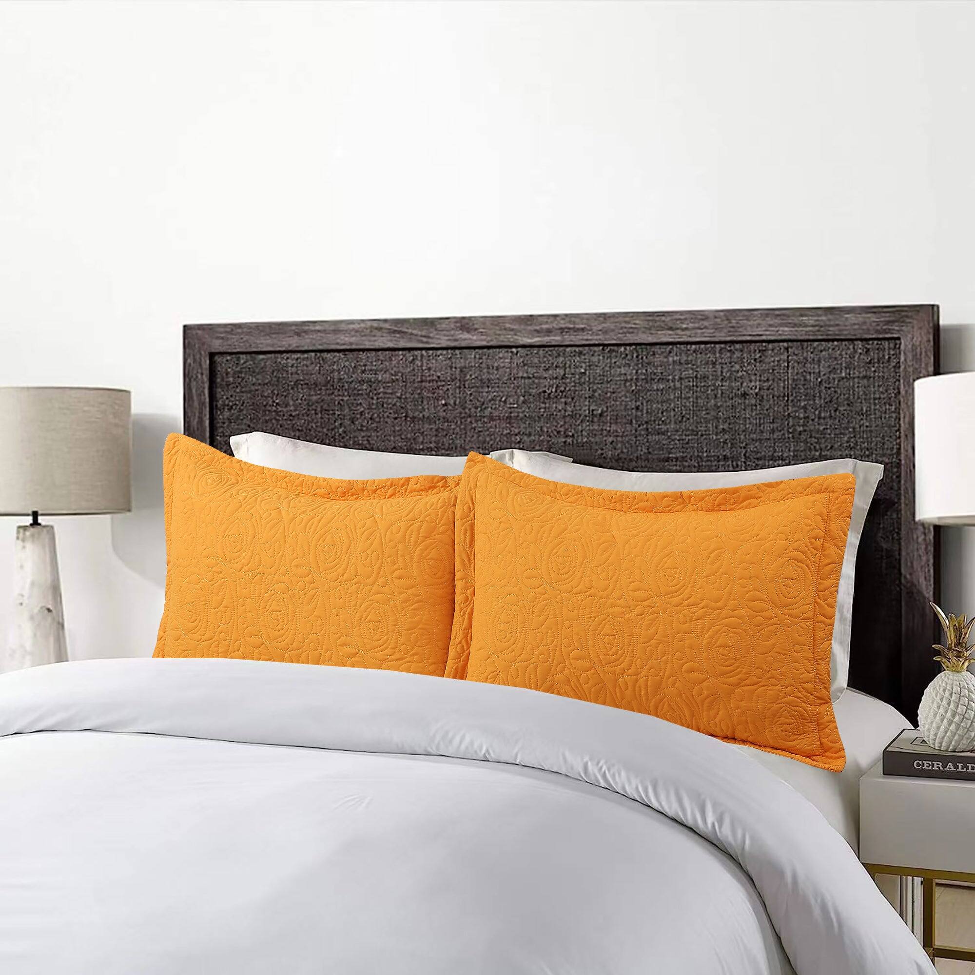 Angle. MarCielo - 2-Pack Embroidered Solid Color Pillow Shams Polyester - Turmeric.