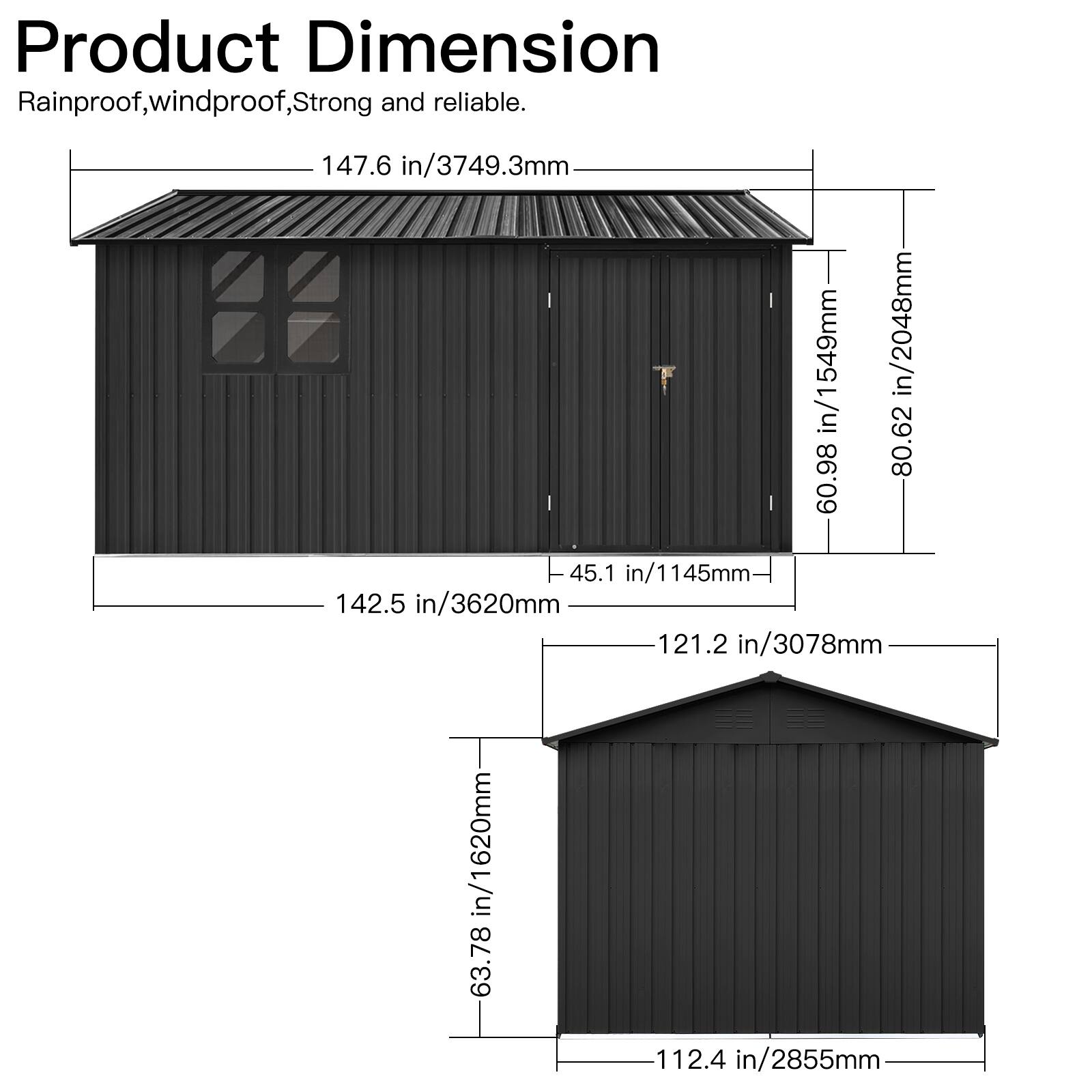 Product Dimension  
Rainproof, windproof, Strong and reliable.

- 147.6 in / 3749.3 mm
- 142.5 in / 3620 mm
- 121.2 in / 3078 mm
- 60.98 in / 1549 mm
- 80.62 in / 2048 mm
- 45.1 in / 1145 mm
- 63.78 in / 1620 mm
- 112.4 in / 2855 mm