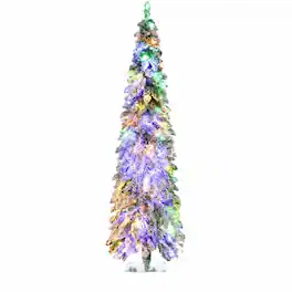 RYHNUYNE - Pre-Lit Slim Flocked Christmas Tree With Warm White or Colorful LED Lights and Snow Frosted Branches - Green