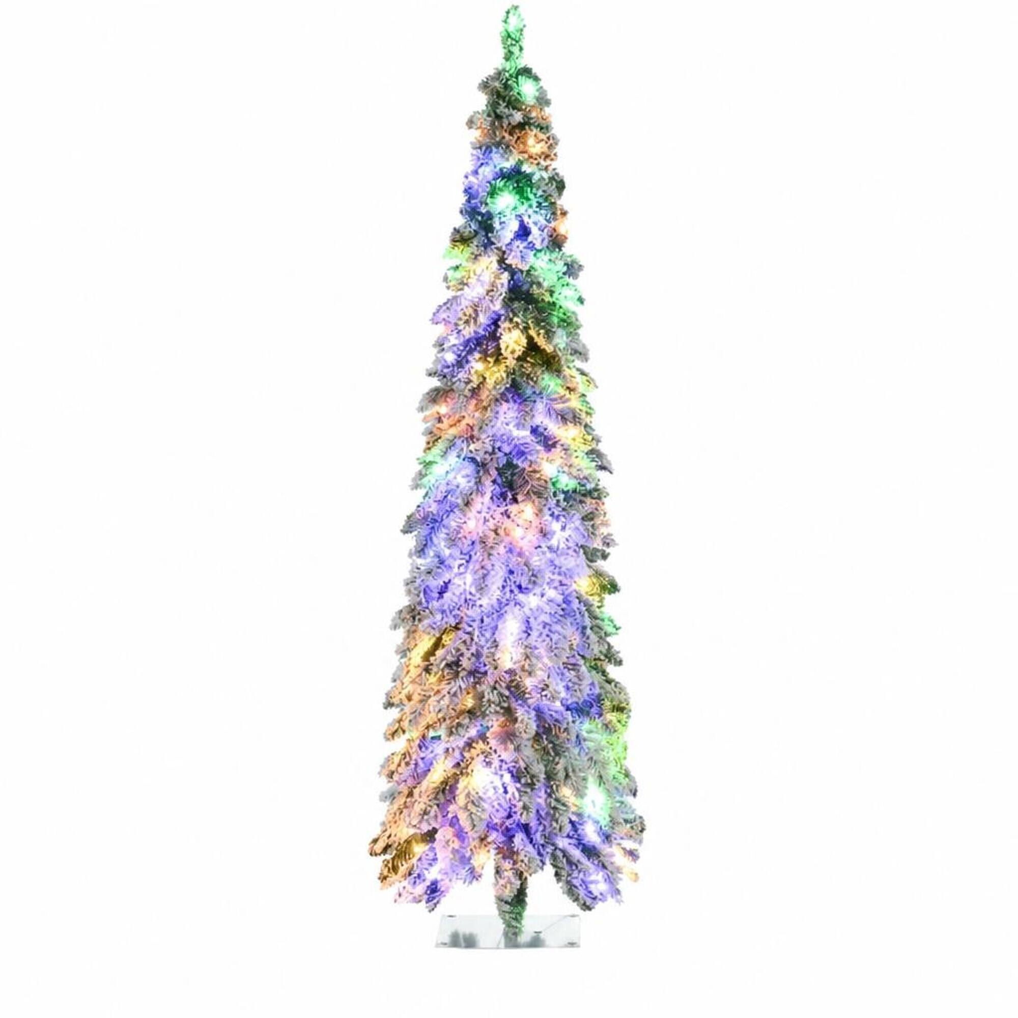 Front. RYHNUYNE - Pre-Lit Slim Flocked Christmas Tree With Warm White or Colorful LED Lights and Snow Frosted Branches - Green.