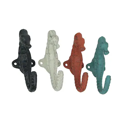 Front. Zeckos - Set of 4 Colorful Coral Coastal Cast Iron Seahorse Decorative Wall Hooks - Coral.
