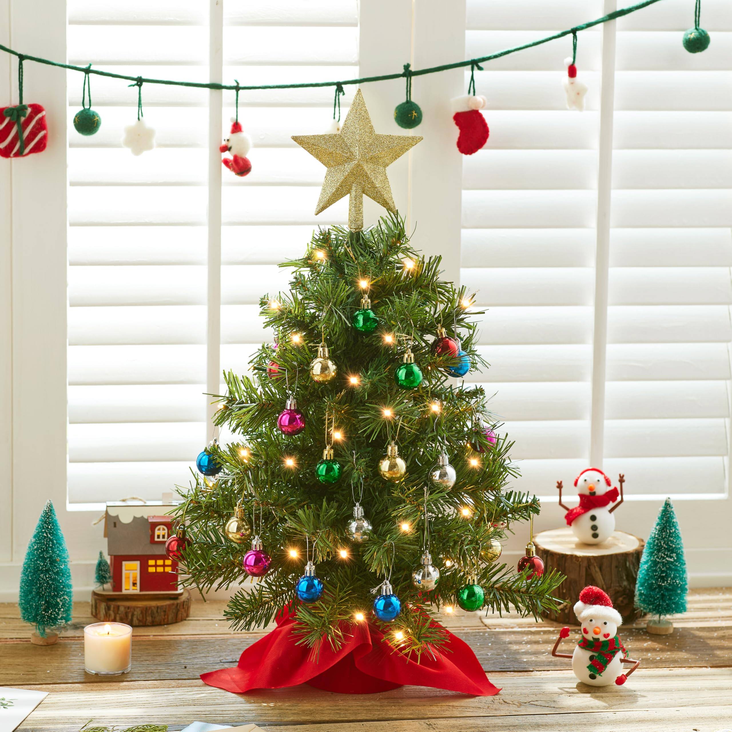 Alt View 1. Stylel Star - Joiedomi 24"/2FT Mini Christmas Tree Tabletop Set with Clear LED Lights, Artificial Mini Christmas Tree with Star... - Tree with red Tree Topper.