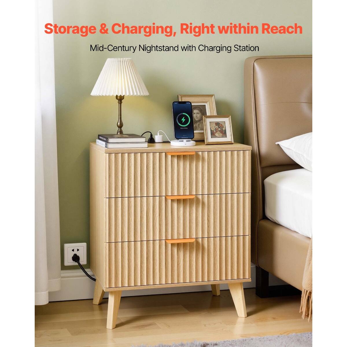 Storage & Charging, Right within Reach  
Mid-Century Nightstand with Charging Station
