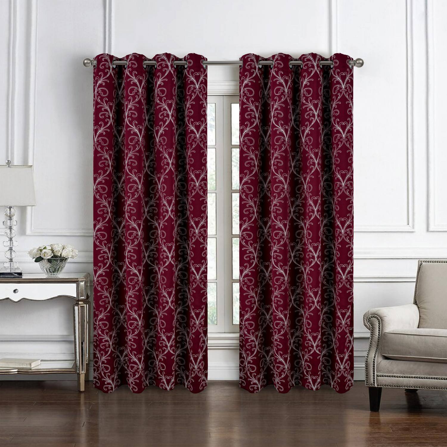 Angle. RT Designers Collection - RT Designer Collection Kimber Embroidered Blackout Luxurious Decorative Grommet Curtain Panel 54" x 90" Burgundy - Burgundy.