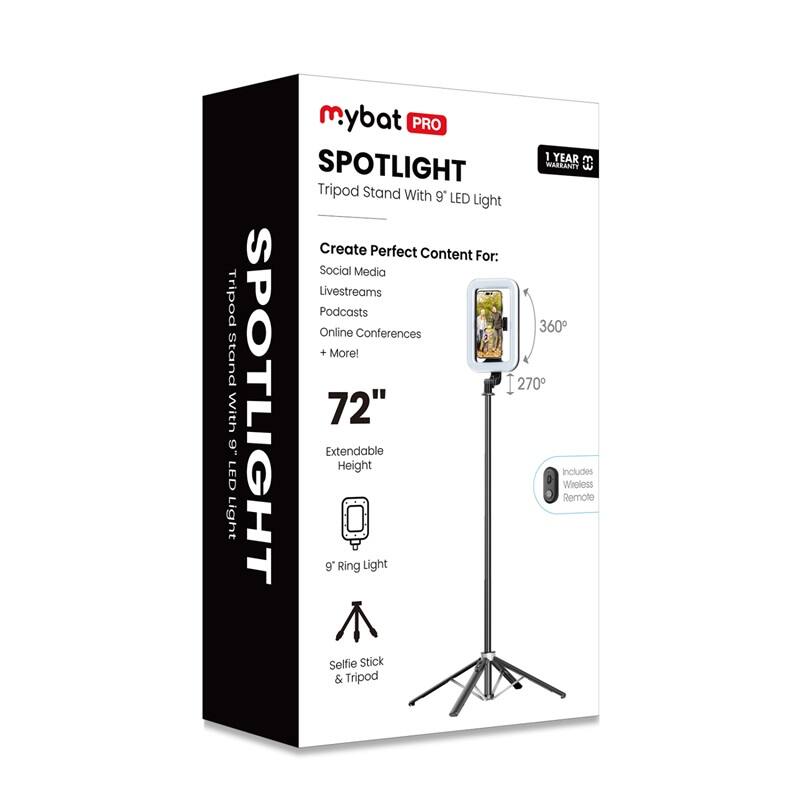 mybat PRO 1 YEAR WARRANTY SPOTLIGHT Tripod Stand With 9" LED Light Create Perfect Content For: Social Media Livestreams Podcasts Online Conferences + More! 72" Extendable Height 9" Ring Light Includes Wireless Remote Selfie Stick & Tripod