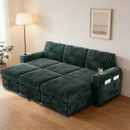 Dyonery - 101" Sectional Convertible Sleeper Sofa with Pull Out Couch Bed,with Storage Chaise & USB Charging,Side pockets - Green