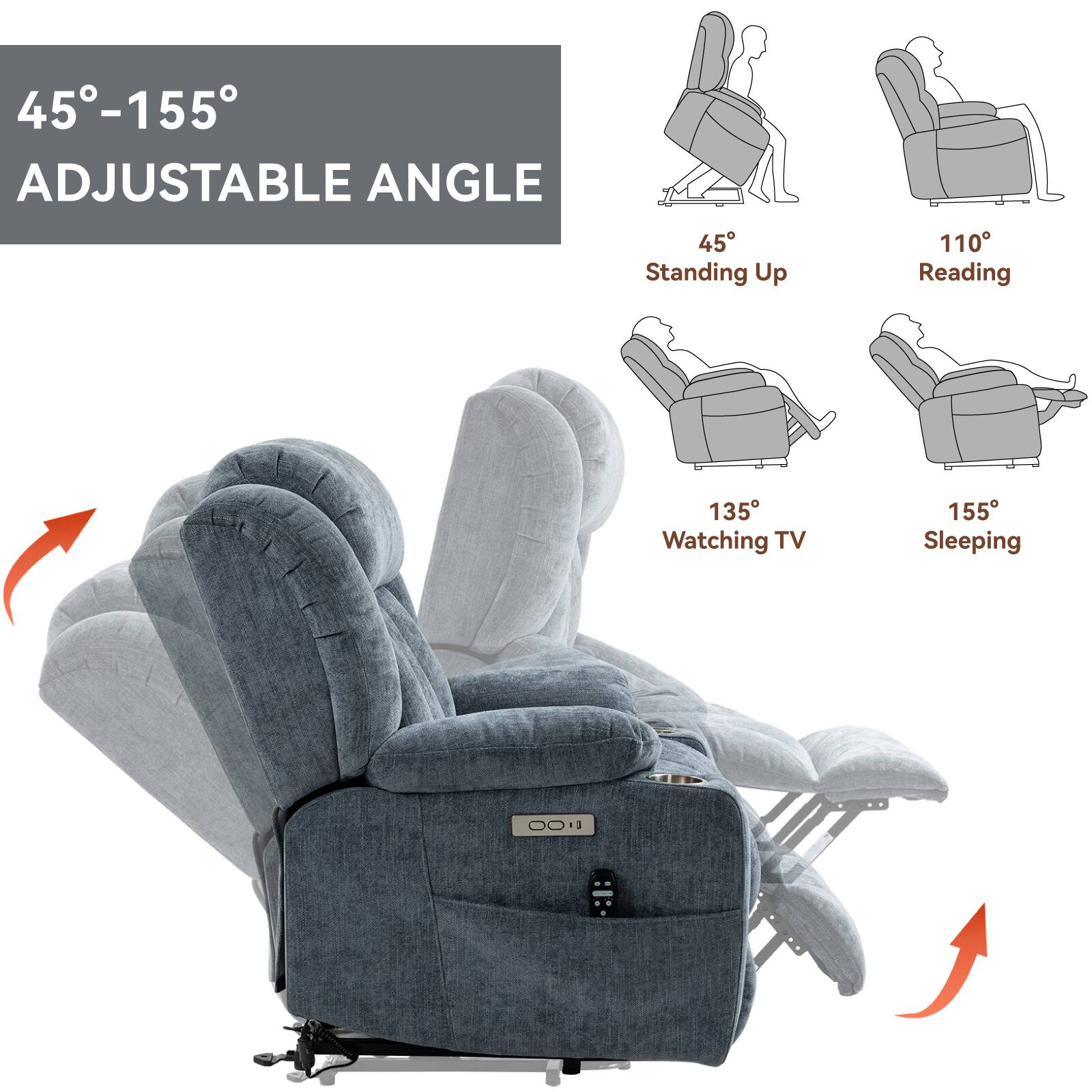 45°-155°  
ADJUSTABLE ANGLE  

45°  
Standing Up  

110°  
Reading  

135°  
Watching TV  

155°  
Sleeping