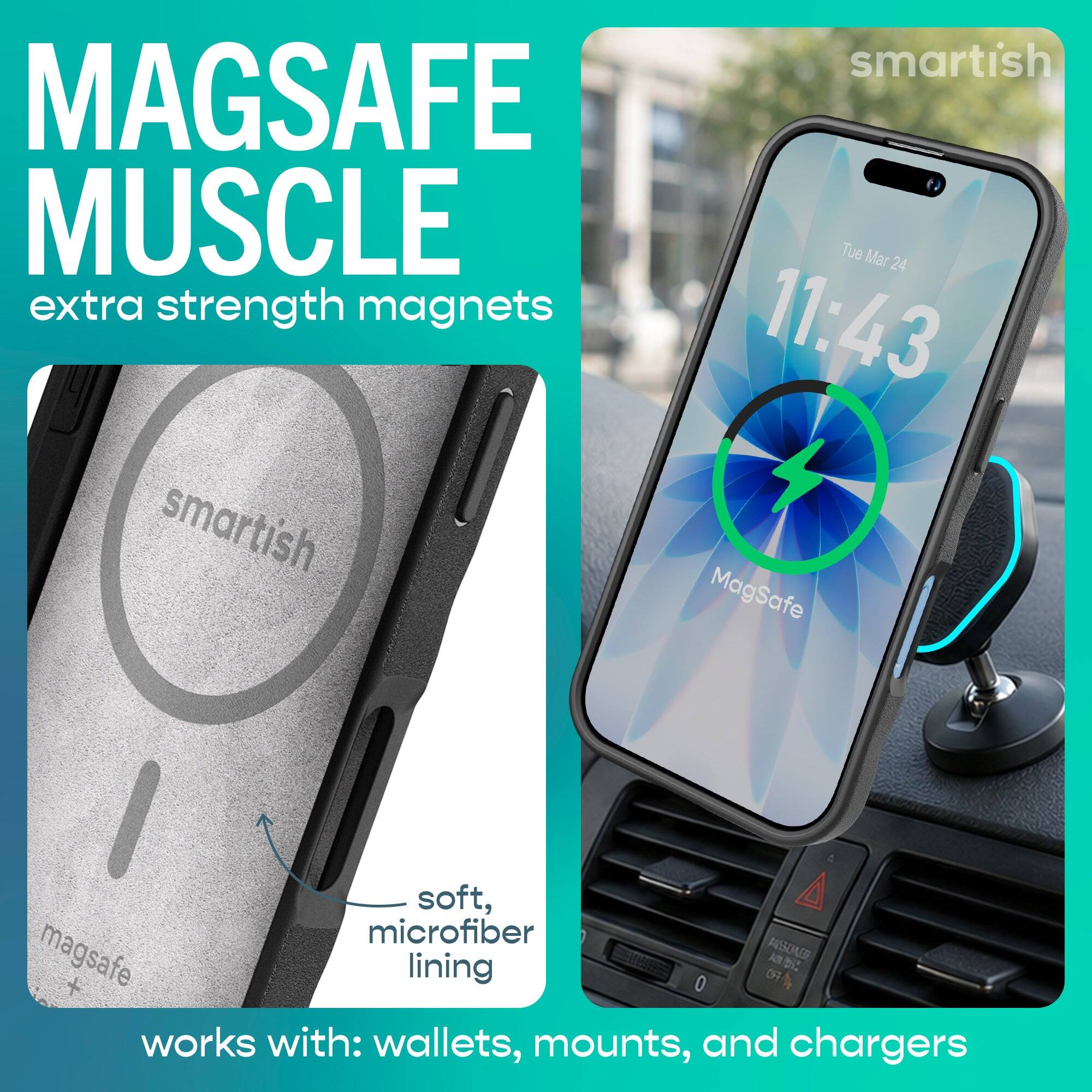 MAGSAFE MUSCLE  
extra strength magnets  

smartish MAGSAFE  

soft, microfiber magsafe lining  
works with: wallets, mounts, and chargers