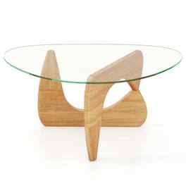 Gymax - Triangle Coffee Table w/ Tempered Glass Top & Adjustable Rubber Wood Base - Natural