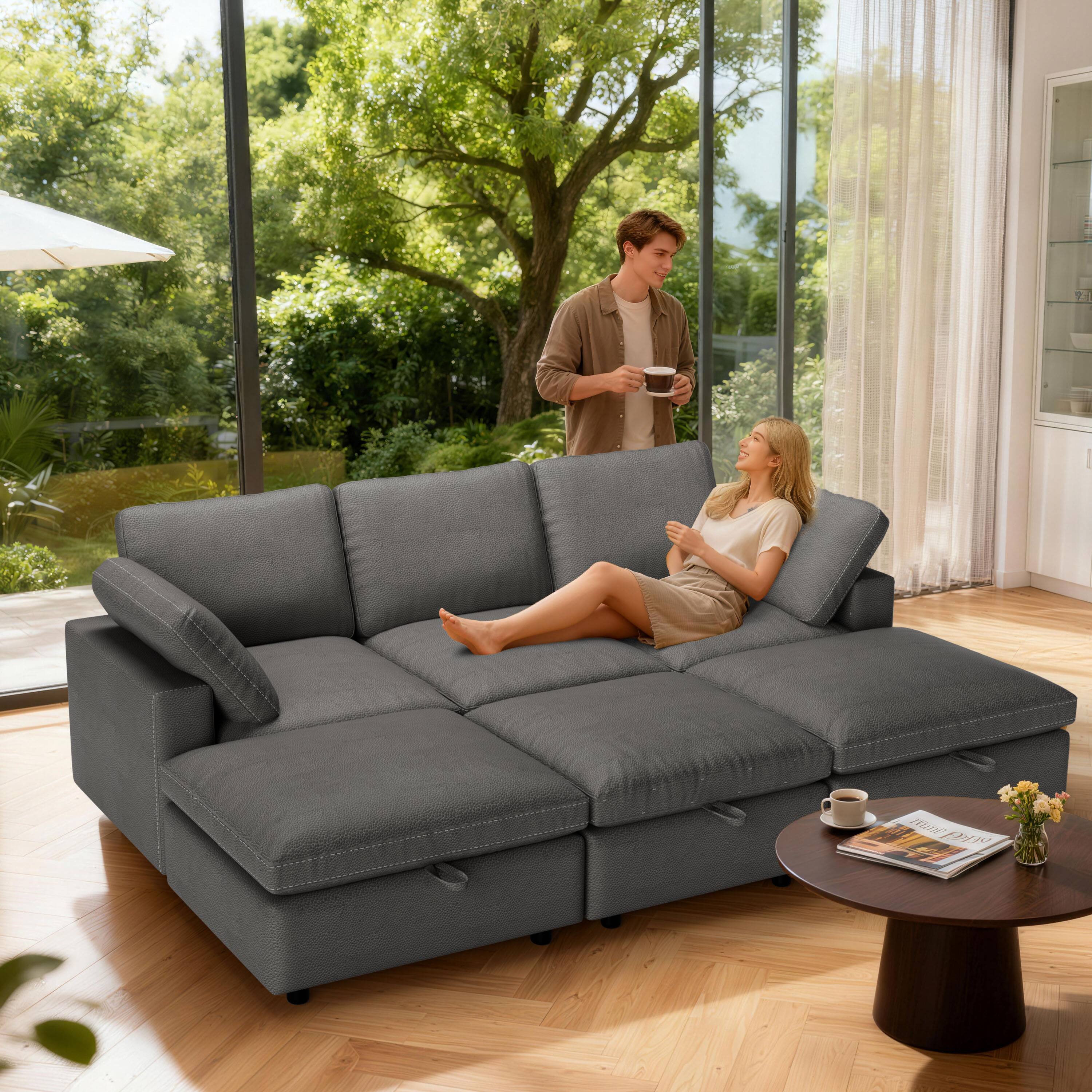 Alt View 2. Dyonery - Dyonery modern cat-scratch leather sofa, a three-seater sofa with three storage footrests, can be flexibly combined - Grey.