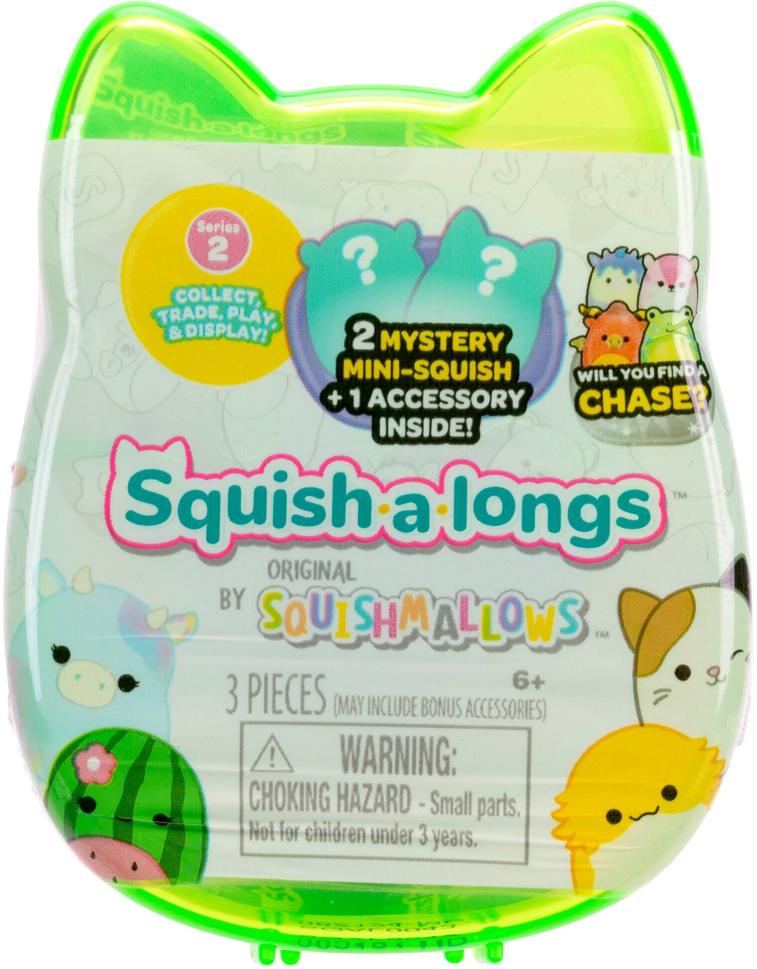 Squish a Longs Series 2 Collect, Trade, Play & Display! 2 Mystery Mini-Squish will you find? + 1 Accessory Chase inside! Original by Squishmallows TM 6+ g 3 pieces (may include bonus accessories) 7! Warning: Choking Hazard - Small parts. Not for children under 3 years.