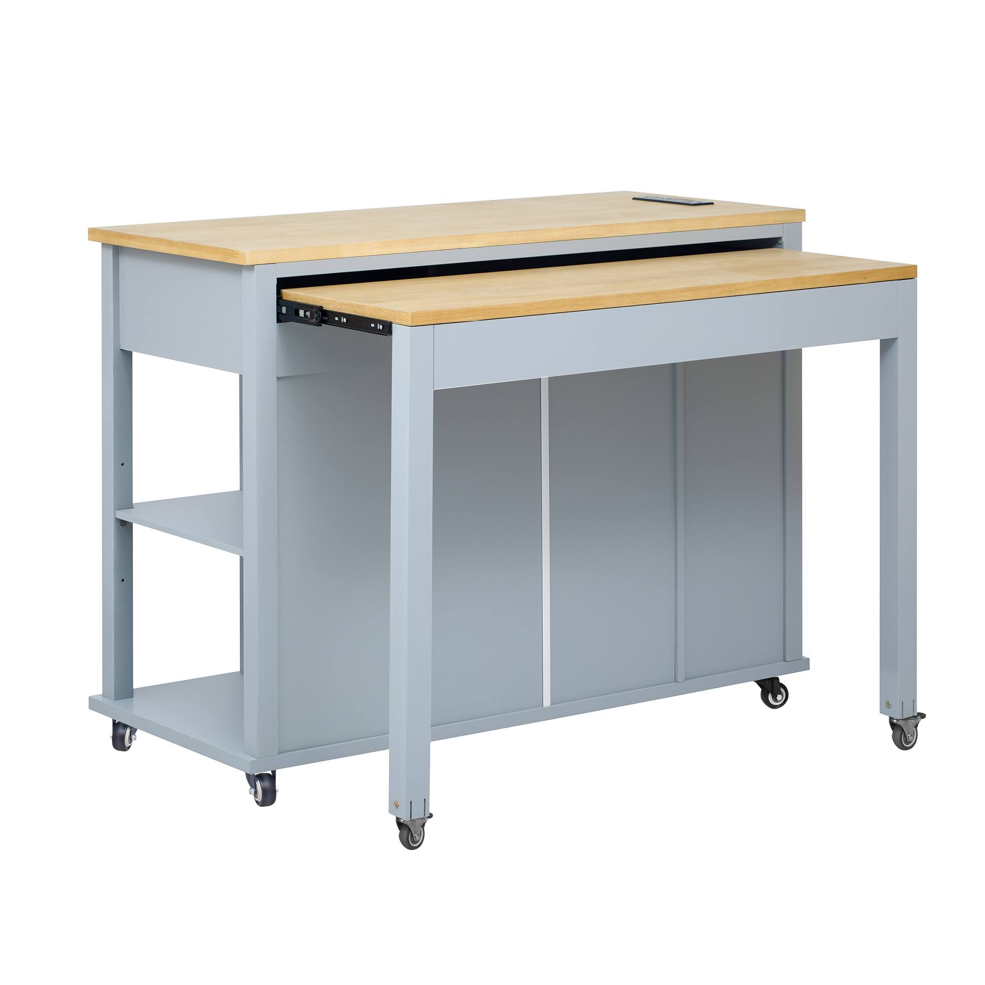 Alt View 2. Forest'nSky - 47" Extendable Kitchen Island – Rubber Wood Veneer with Power Outlet, 2 Drawers, 2 Cabinets & Storage Rack, Grey Blue - Grey Blue.