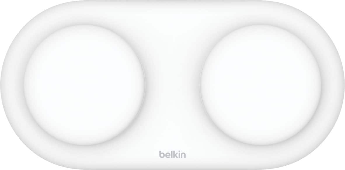 Angle. Belkin - 15W Dual Qi2 Wireless Magnetic Charging Pad, MagSafe Compatible for iPhone & AirPods - White.