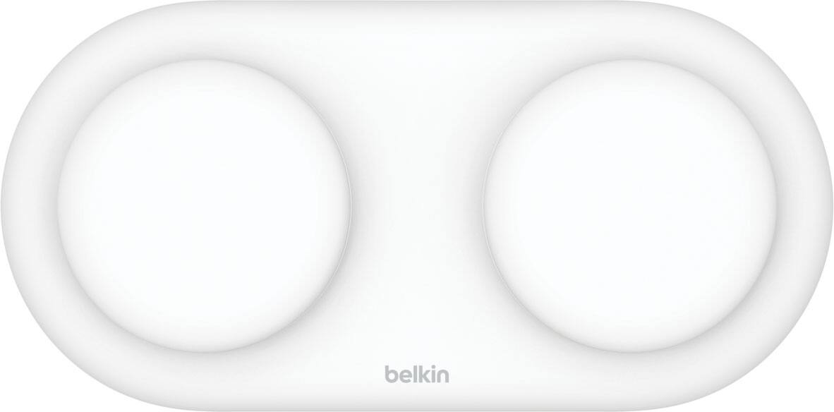 Angle. Belkin - 15W Dual Qi2 Wireless Magnetic Charging Pad, MagSafe Compatible for iPhone & AirPods - White.