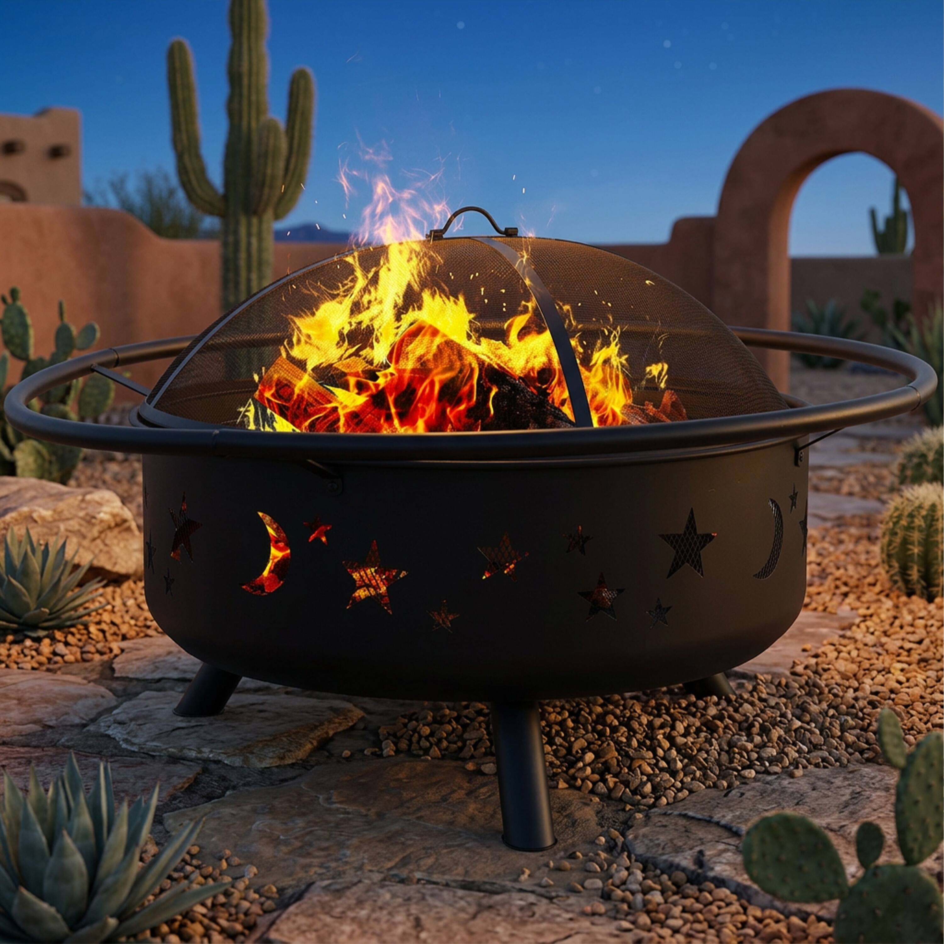 Alt View 2. Sunnydaze - 36 in Cosmic Steel Fire Pit w/Spark Screen/Poker - Black.