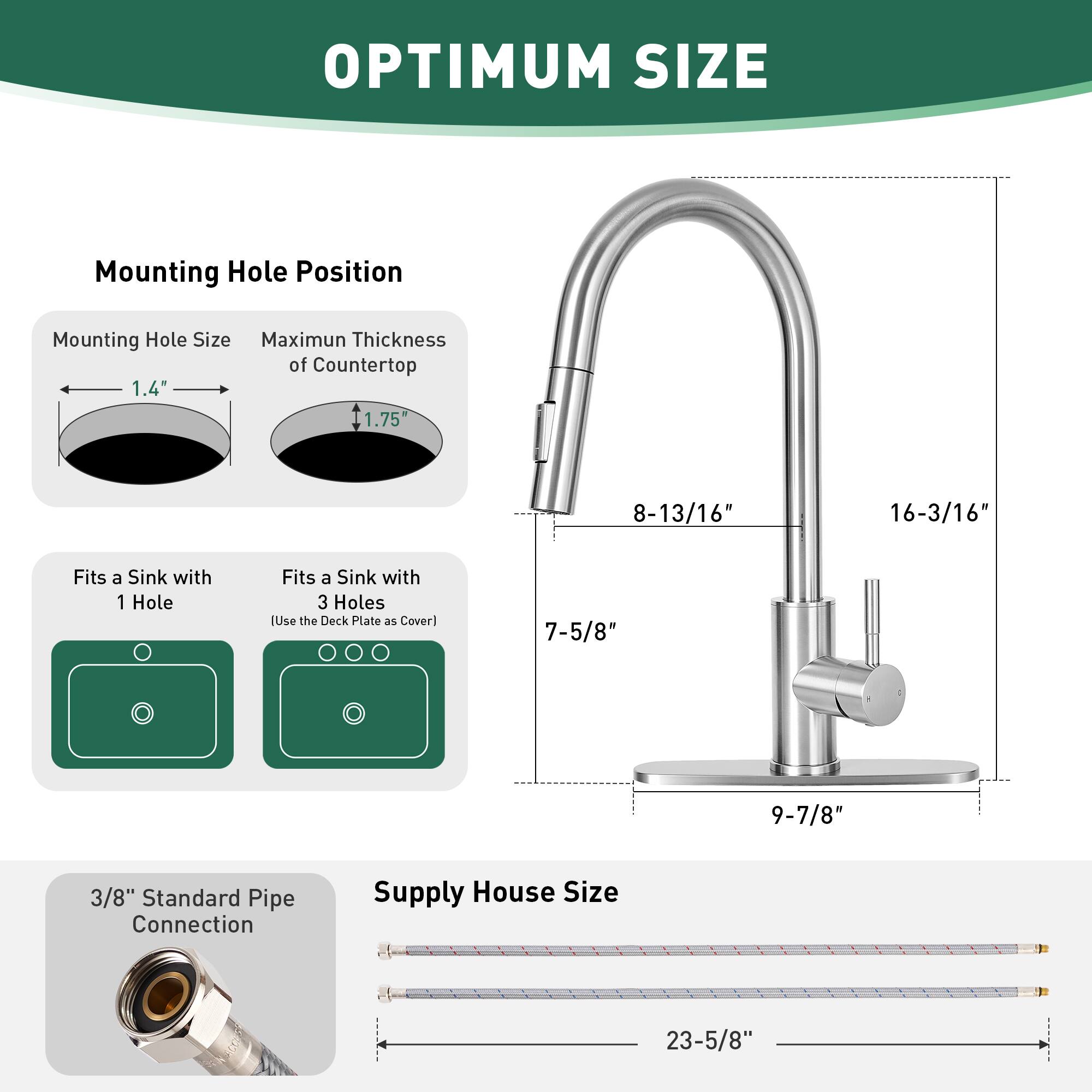 OPTIMUM SIZE

Mounting Hole Position

- Mounting Hole Size: 1.4"
- Maximum Thickness of Countertop: 1.75"

Fits a Sink with 1 Hole

Fits a Sink with 3 Holes
[Use the Deck Plate as Cover]

- 8-13/16"
- 16-3/16"
- 7-5/8"
- 9-7/8"

3/8" Standard Pipe Connection

Supply House Size: 23-5/8"