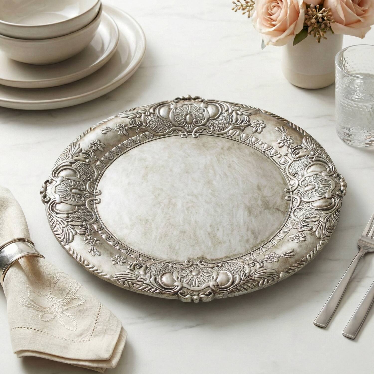 Left. American Atelier - Keaton Silver Embossed Charger Plates Set of 4 13" D - Silver.