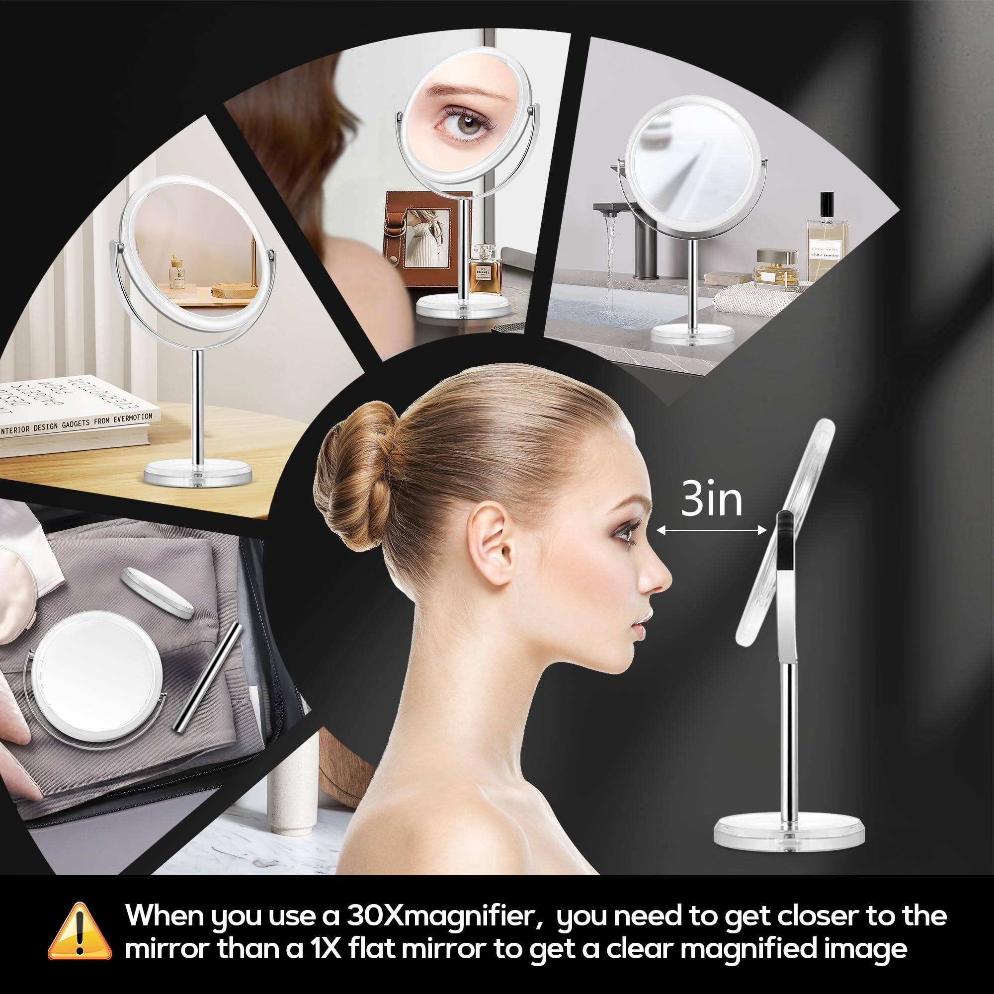 When you use a 30X magnifier, you need to get closer to the mirror than a 1X flat mirror to get a clear magnified image.