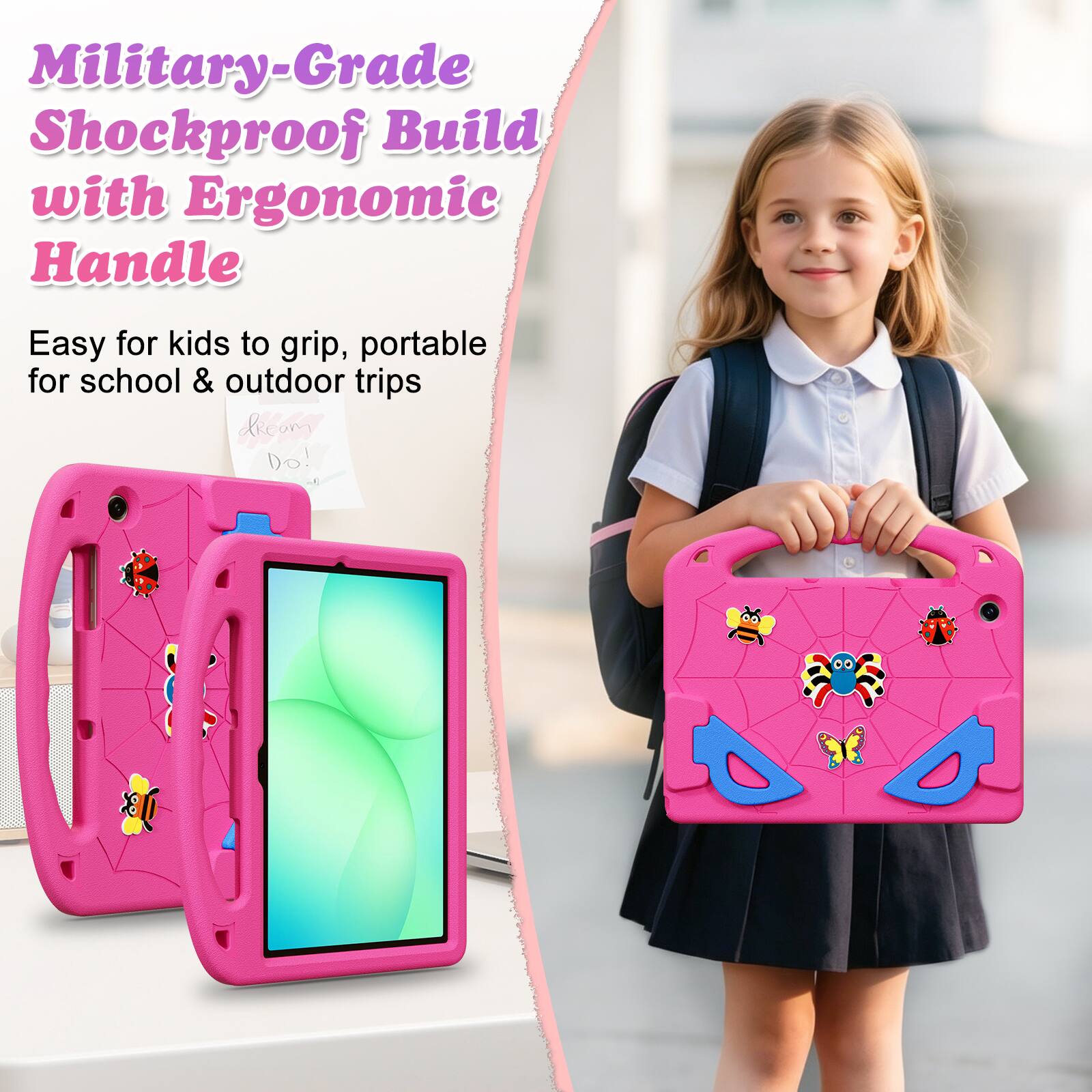 Military-Grade Shockproof Build with Ergonomic Handle  
Easy for kids to grip, portable for school & outdoor trips