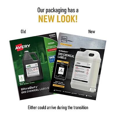 Our packaging has a NEW LOOK!

Old:
AVERY B55609
AVERY INDUSTRIAL 60504
ULTRADUTY GHS CHEMICAL LABELS

New:
UltraDuty CHEMICAL LABELS GHS TEMPLATES

Either could arrive during the transition