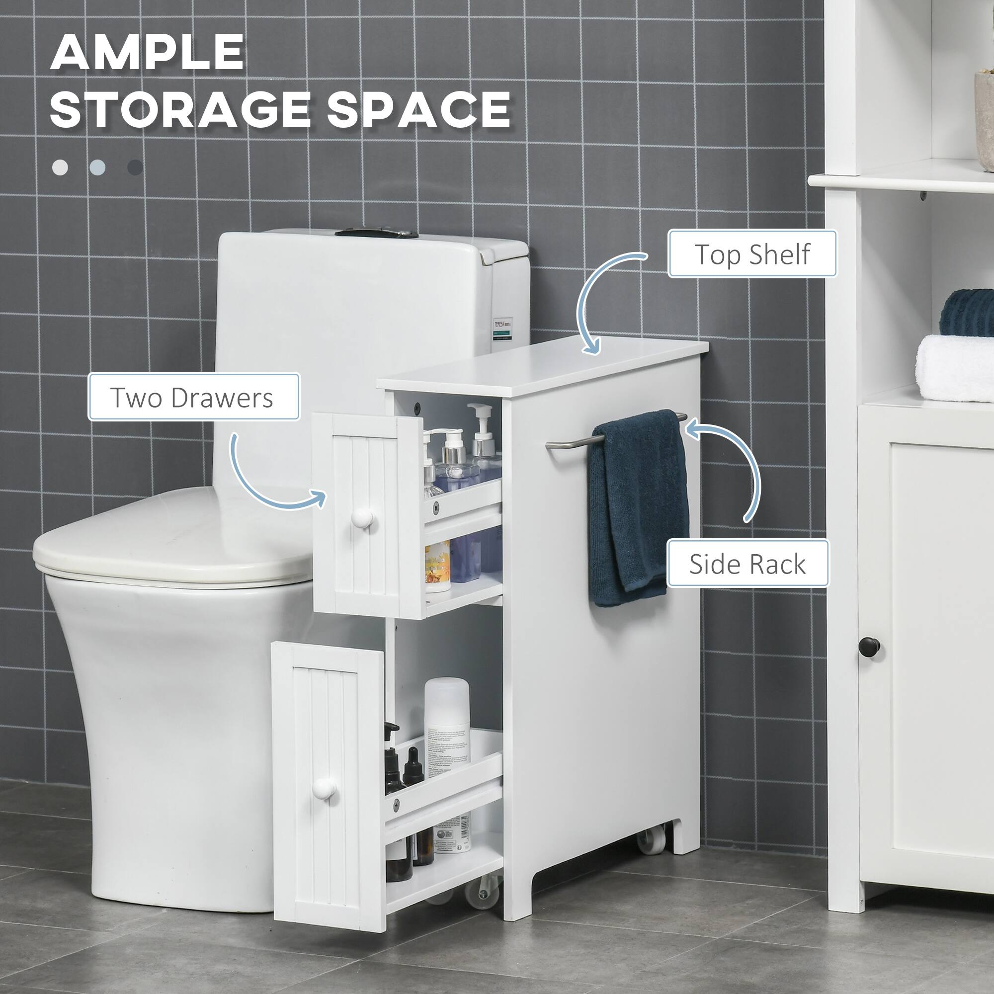 AMPLE STORAGE SPACE

- Top Shelf
- Two Drawers
- Side Rack
