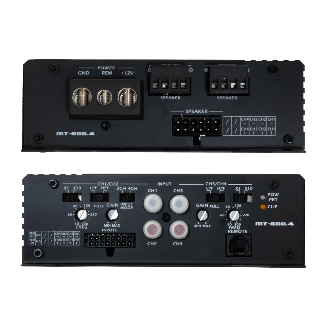 GND POWER REM + 12V SPEAKER SPEAKER SPEAKER MT-500.4

CH4 CH3 CH2 CH1
CH4 CH3 CH2 CH1
+ + + + X1 CH1/CH2 X10 LPF HPF 2CH 4CH 120 GAIN INPUT 8Ω FULL MODE INPUT CH1 CH3 CH3/CH4 LPF HPF GAIN FULL 80 XI X10 120

POW PRT CLIP s0 220 60 220 M3 OUT UND - +N I / / S0 500 FREQ CH CH CHJ CN CHA CH CHZ C . + + + MIN MAX INPUTS CH2 CH4 MIN MAX 0s 500 MT-600.4 FREQ REMOTE