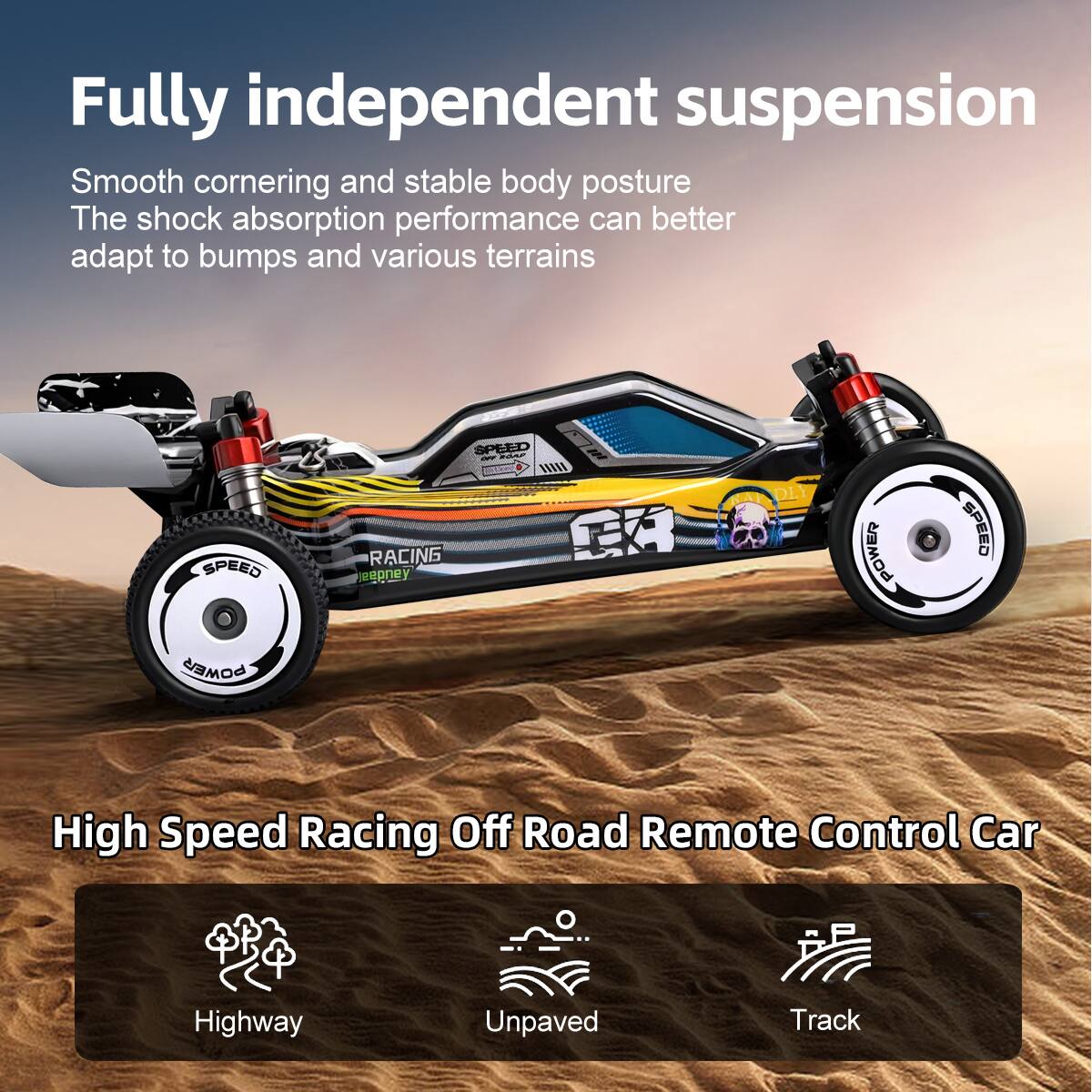 Fully independent suspension

Smooth cornering and stable body posture
The shock absorption performance can better adapt to bumps and various terrains

High Speed Racing Off Road Remote Control Car

Highway
Unpaved
Track