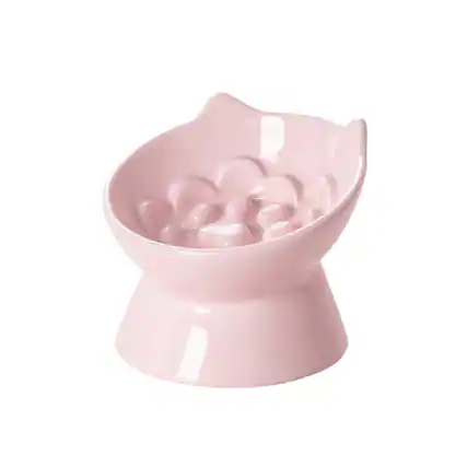 Front. PawsPik - PawsPik Lynx Ceramic Raised Slow Food Bowl, Quartz Pink - Quartz Pink.