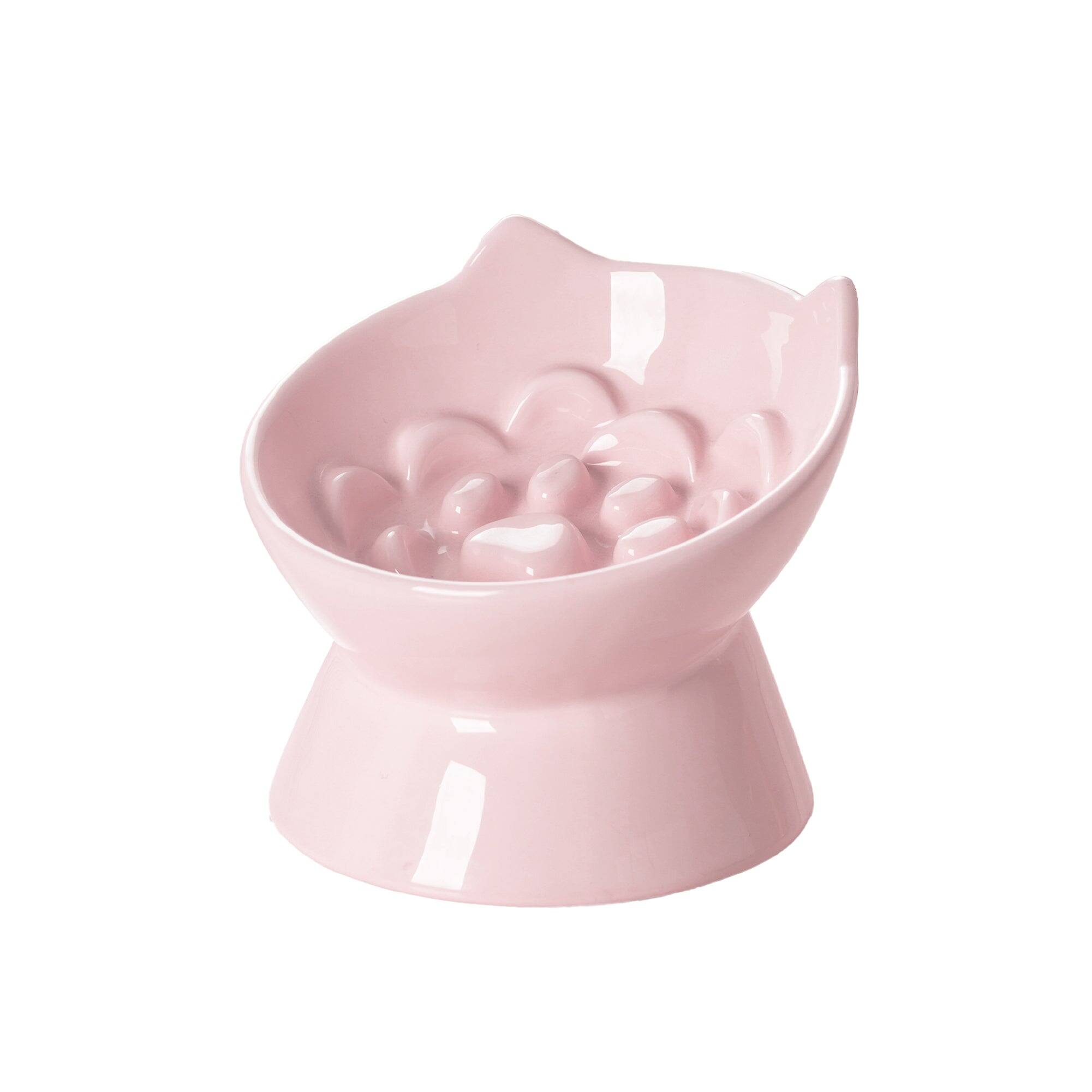 Front. PawsPik - PawsPik Lynx Ceramic Raised Slow Food Bowl, Quartz Pink - Quartz Pink.