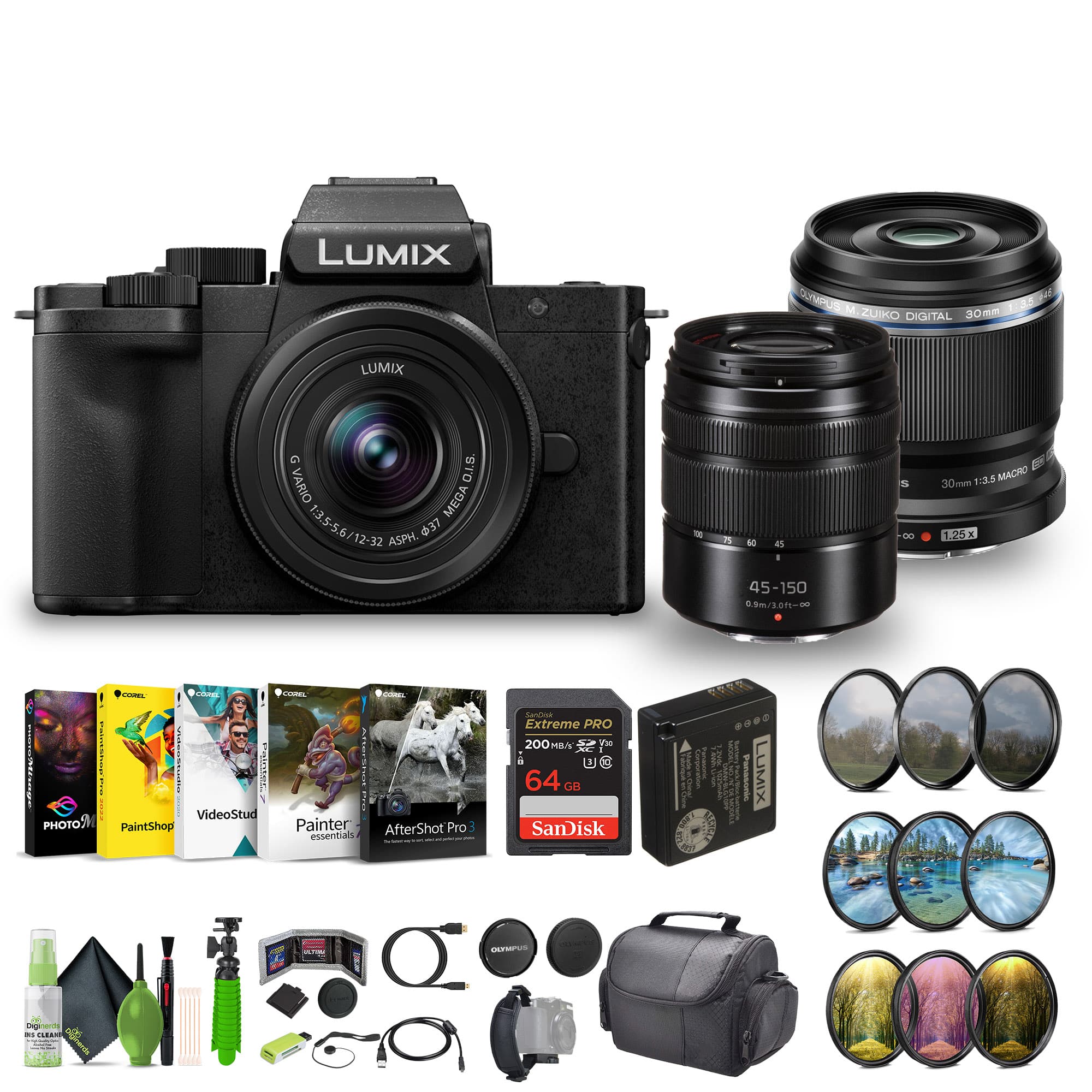 Panasonic - Lumix G100D 4K Mirrorless Camera 12-32mm + G Vario 45-150mm + M.Zuiko ED 30mm