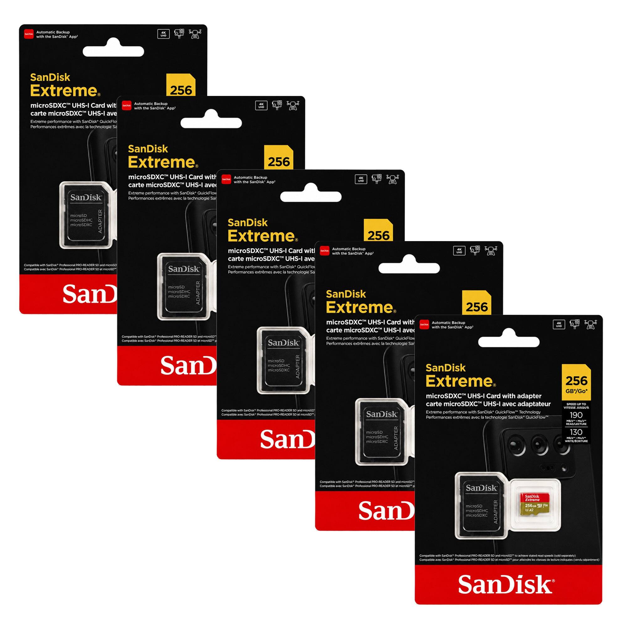 SanDisk Extreme microSDXC UHS-I Card with adapter
256 GB
Automatic Backup with the SanDisk App
Extreme performance with SanDisk QuickFlow
190 MB/s
130 MB/s