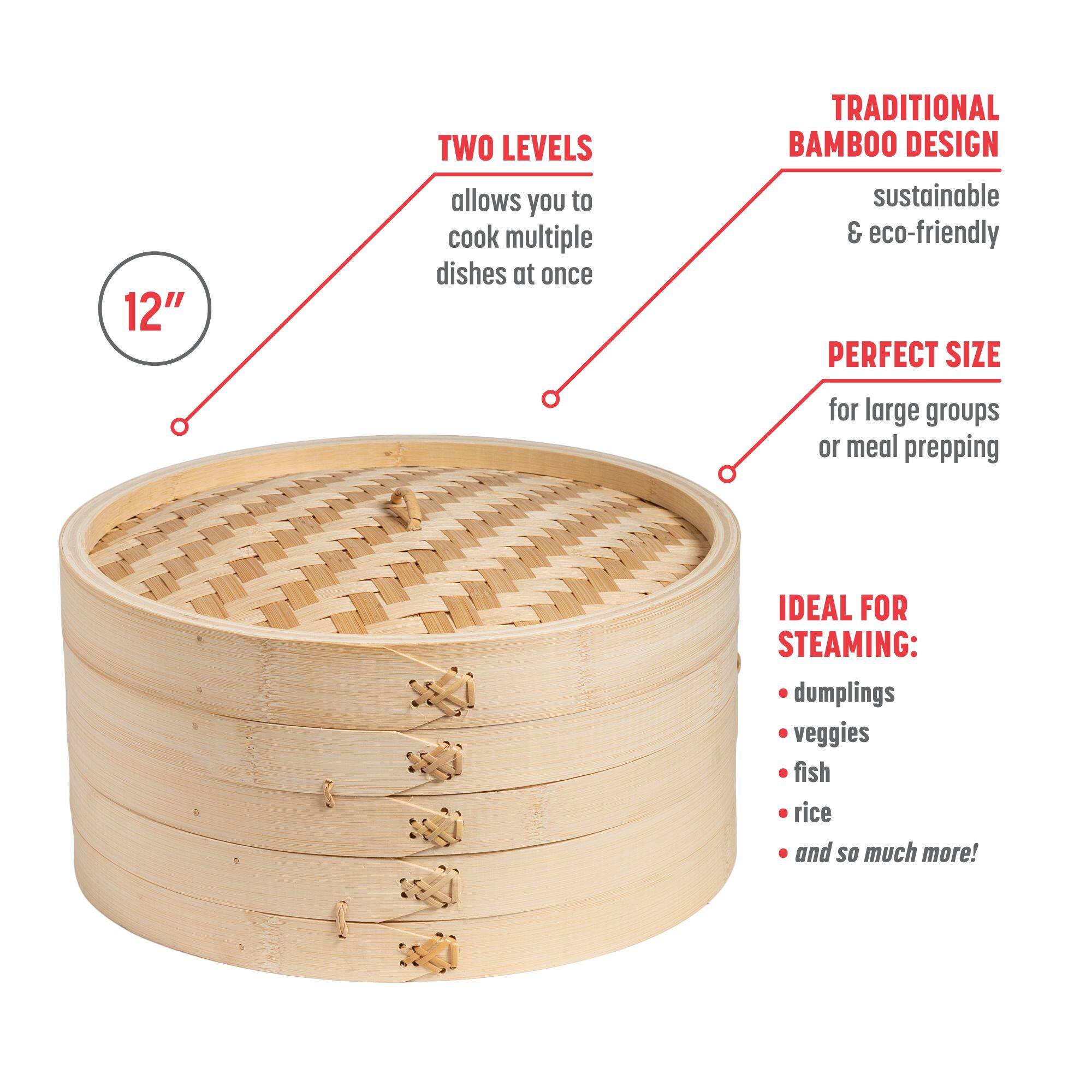 12" TWO LEVELS TRADITIONAL BAMBOO DESIGN PERFECT SIZE IDEAL FOR STEAMING: dumplings veggies fish rice and so much more!