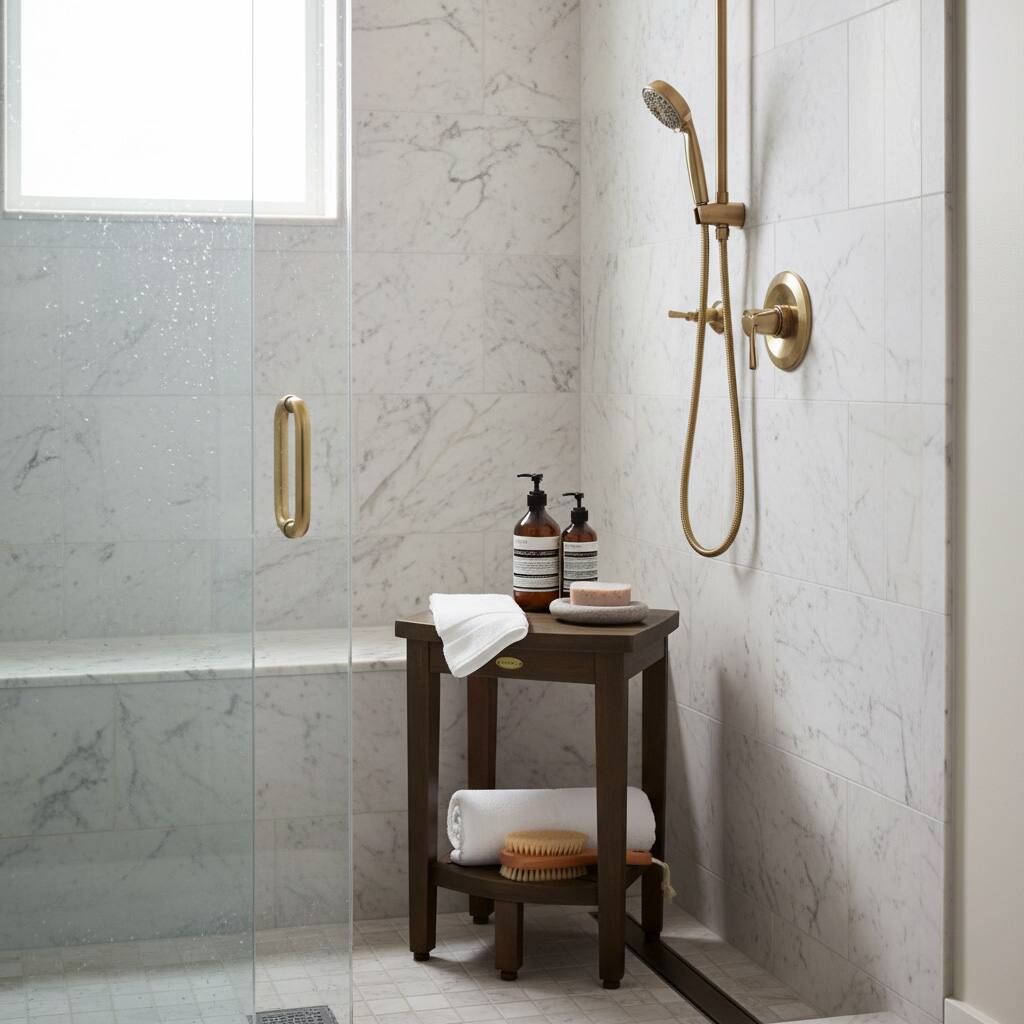 Left. DecoTeak - DecoTeak SnazzyCorner 15" Teak Wood Corner Shower Bench with Shelf in Woodland Brown Finish - Woodland Brown.