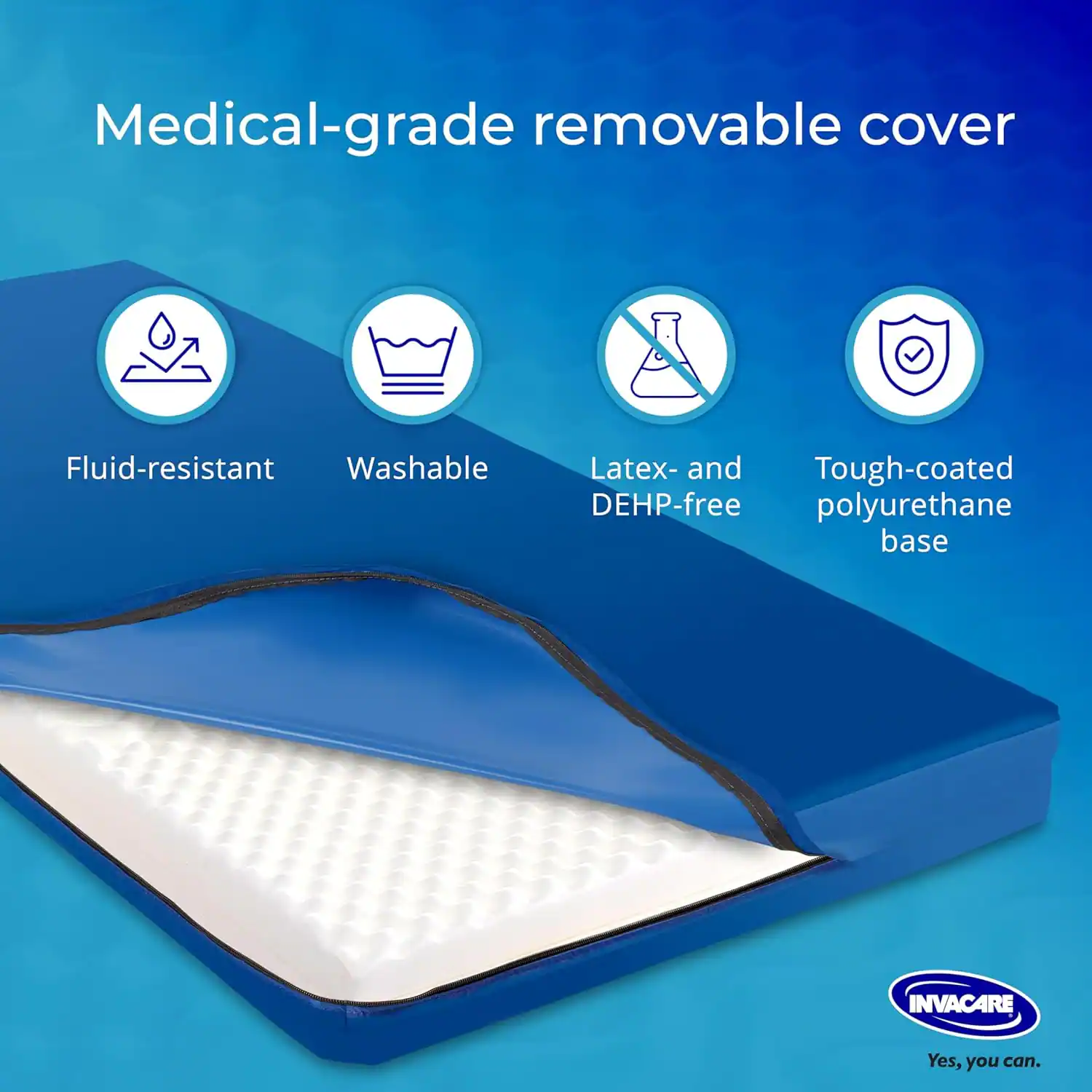 Medical-grade removable cover

- Fluid-resistant
- Washable
- Latex- and DEHP-free
- Tough-coated polyurethane base

INVACARE  
Yes, you can.