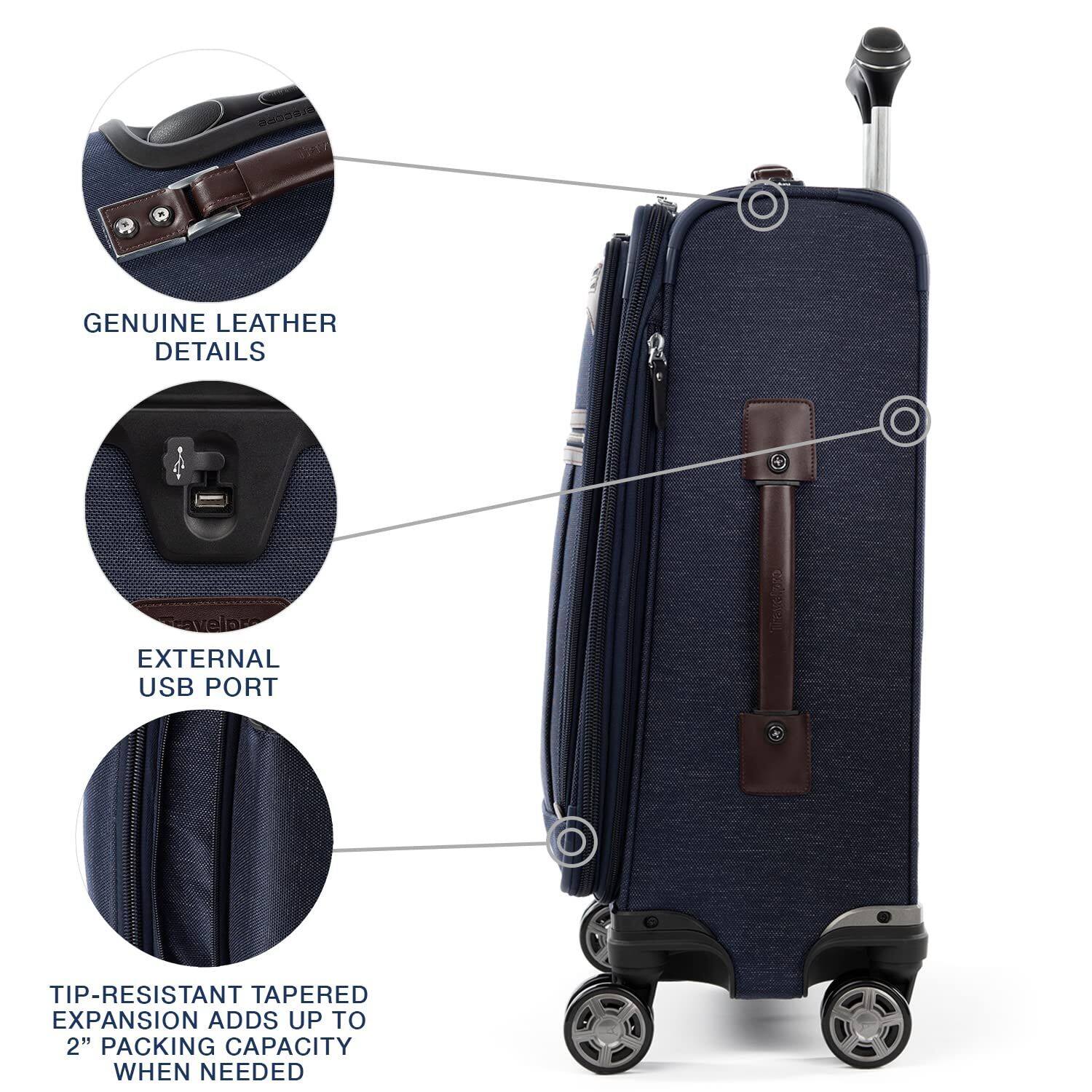 GENUINE LEATHER DETAILS

EXTERNAL USB PORT

TIP-RESISTANT TAPERED EXPANSION ADDS UP TO 2" PACKING CAPACITY WHEN NEEDED