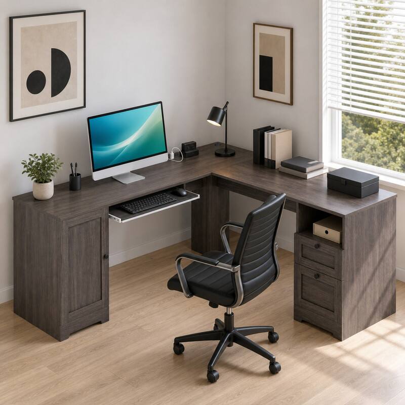 Angle. WELLFOR - 66" Farmhouse L Shaped Desk with Power Outlets, Large Computer Desk with Drawers, Home Office Desk - Dark Gray.