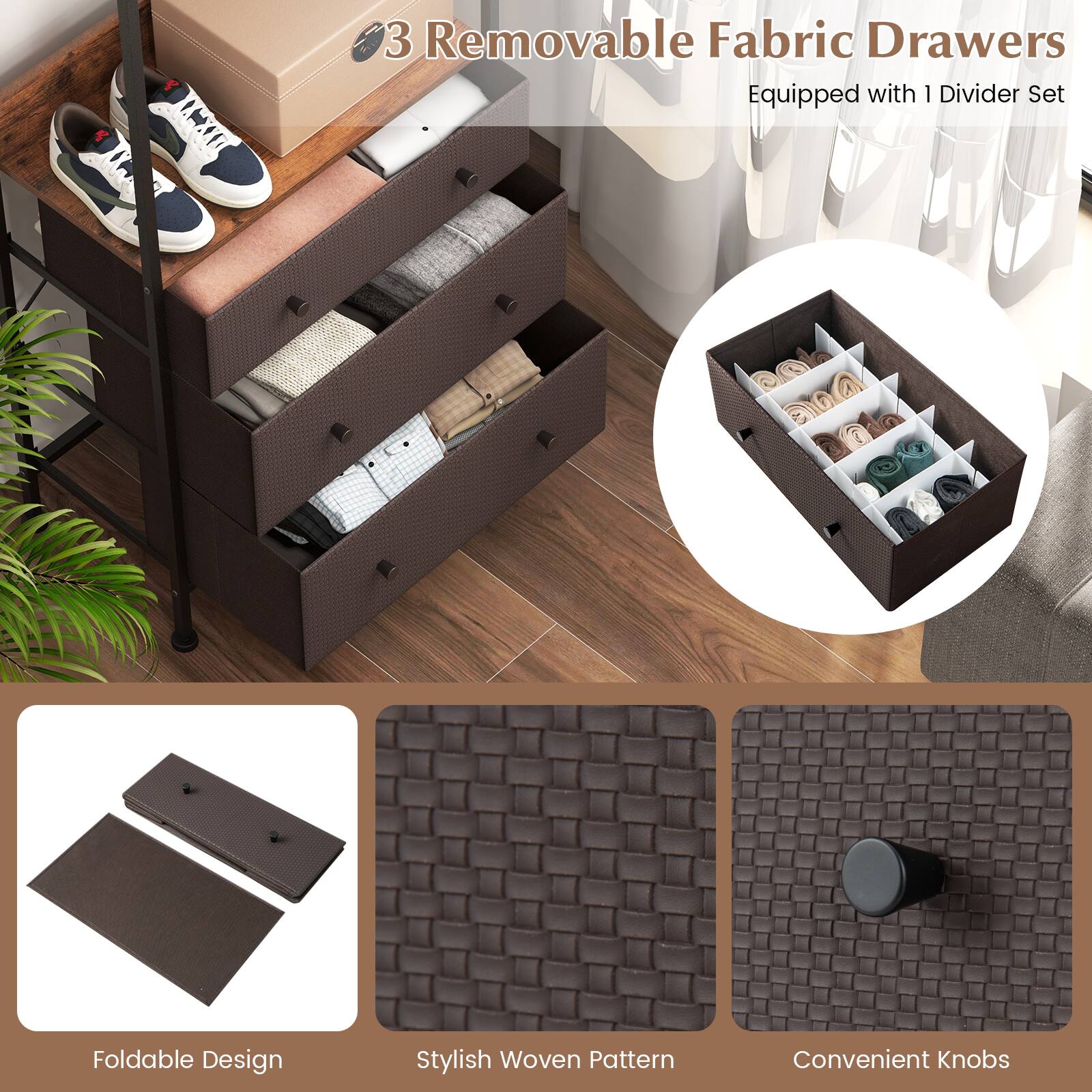 3 Removable Fabric Drawers Equipped with 1 Divider Set, Foldable Design, Stylish Woven Pattern, Convenient Knobs