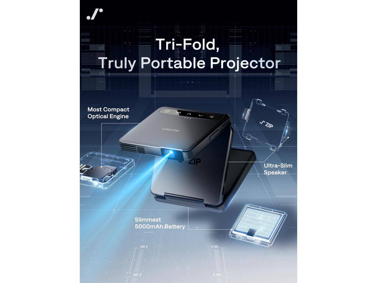 Tri-Fold, Truly Portable Projector  
Most Compact Optical Engine  
Ultra-Slim Speaker  
Slimmest 5000mAh Battery